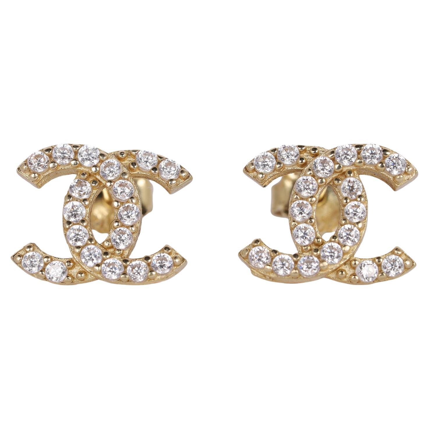 CC Rhinestone Pierced Earrings 14kt Yellow Gold For Sale
