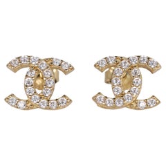 CC Rhinestone Pierced Earrings 14kt Yellow Gold