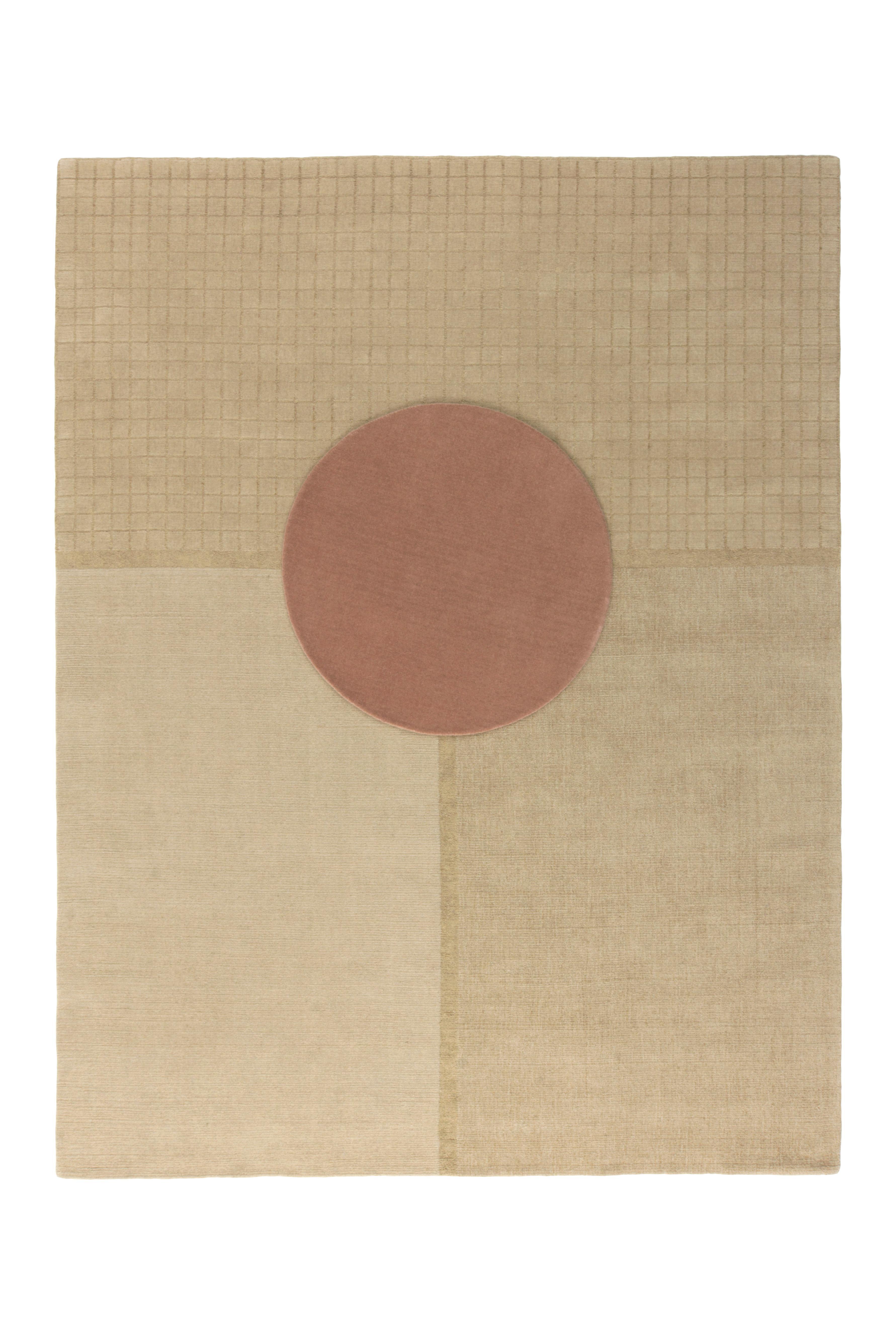 Designed by textile designer Mae Engelgeer and inspired by the feeling, aesthetics and graphic alignment of the traditional Japanese Tatami flooring, Ceremony is a group of three rugs, Daytime, Evening Glow and Moonlight, and a circular one, Focus,