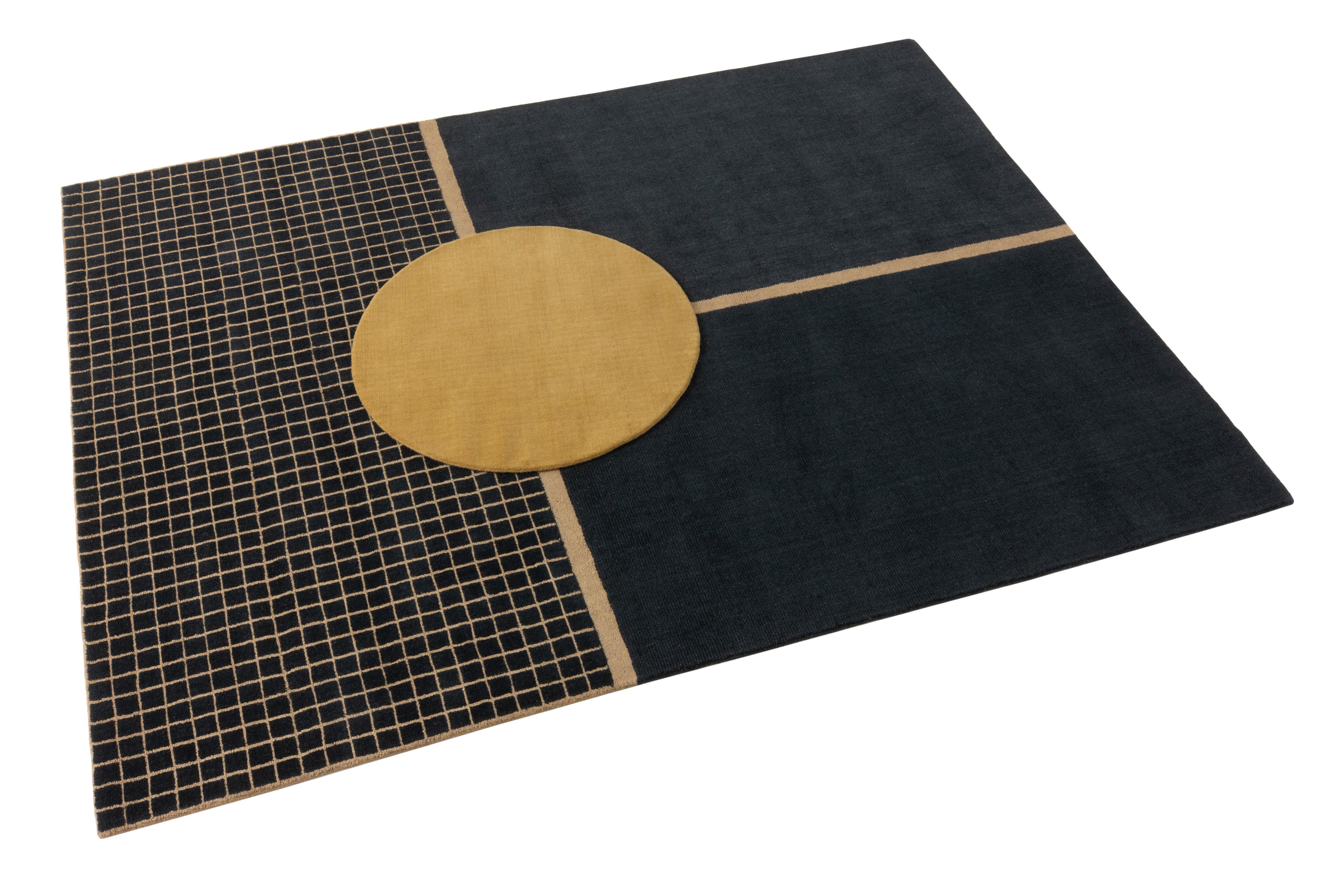 Designed by textile designer Mae Engelgeer and inspired by the feeling, aesthetics and graphic alignment of the traditional Japanese Tatami flooring, Ceremony is a group of three rugs, Daytime, Evening Glow and Moonlight, and a circular one, Focus,