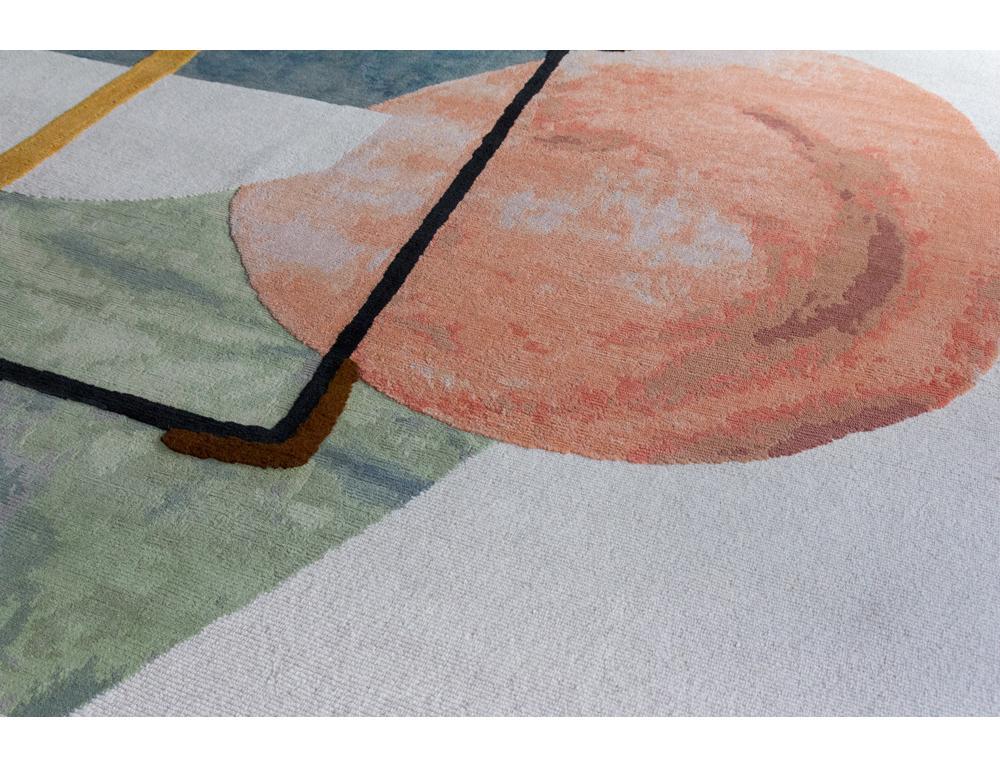 Hand knotted in the cc-tapis atelier in Kathmandu, Nepal. The rug is made with a cotton weave a Himalayan wool pile, and cotton stitching coming from the areas surrounding the atelier. 125.000 individual knots per square meter approximately. The