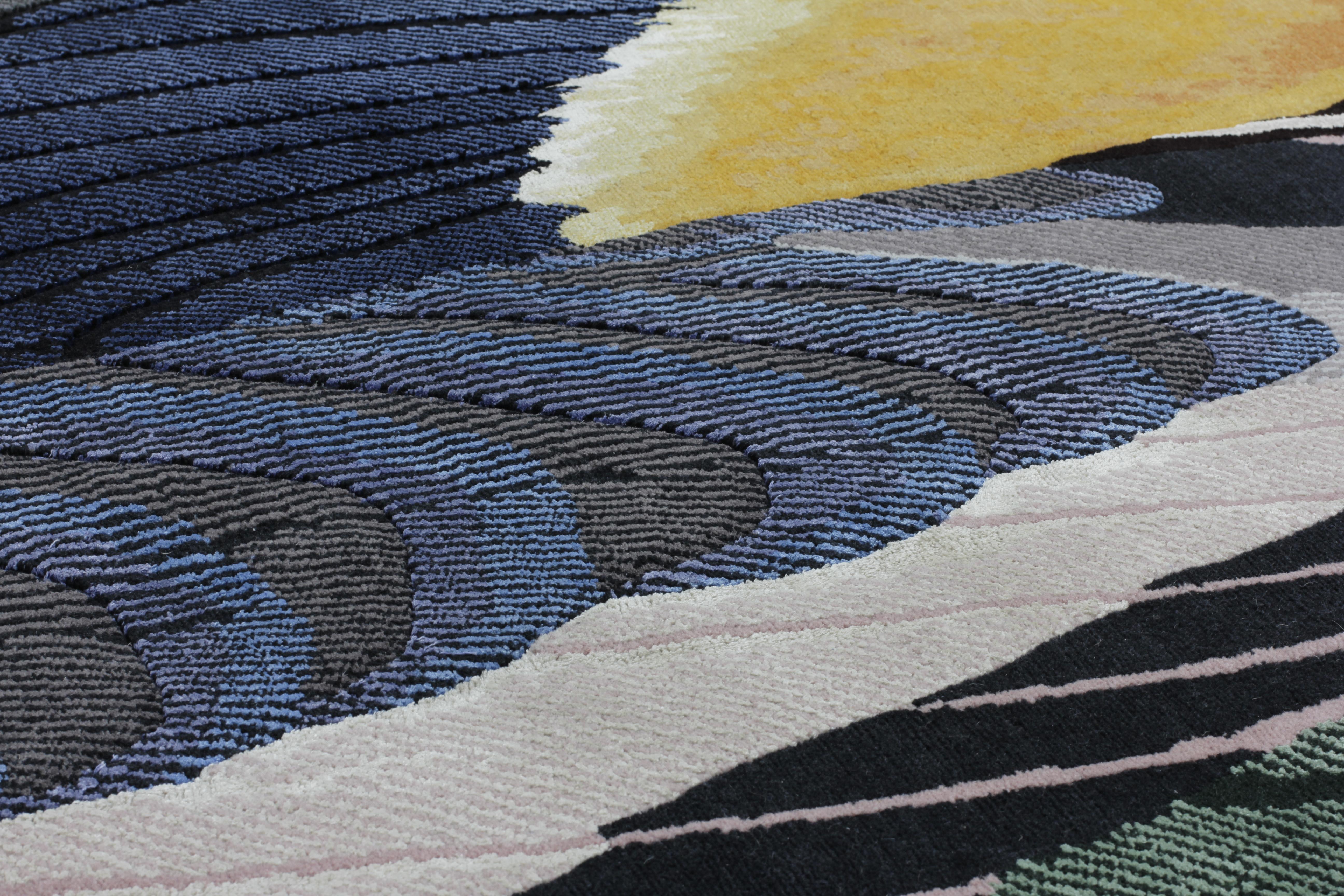 Noué à la main dans l'atelier de cc-tapis à Katmandou, au Népal. Le tapis est fabriqué avec un tissage en coton, une laine de l'Himalaya et de la soie pure provenant des régions entourant l'atelier. 252.000 nœuds individuels par mètre carré environ.