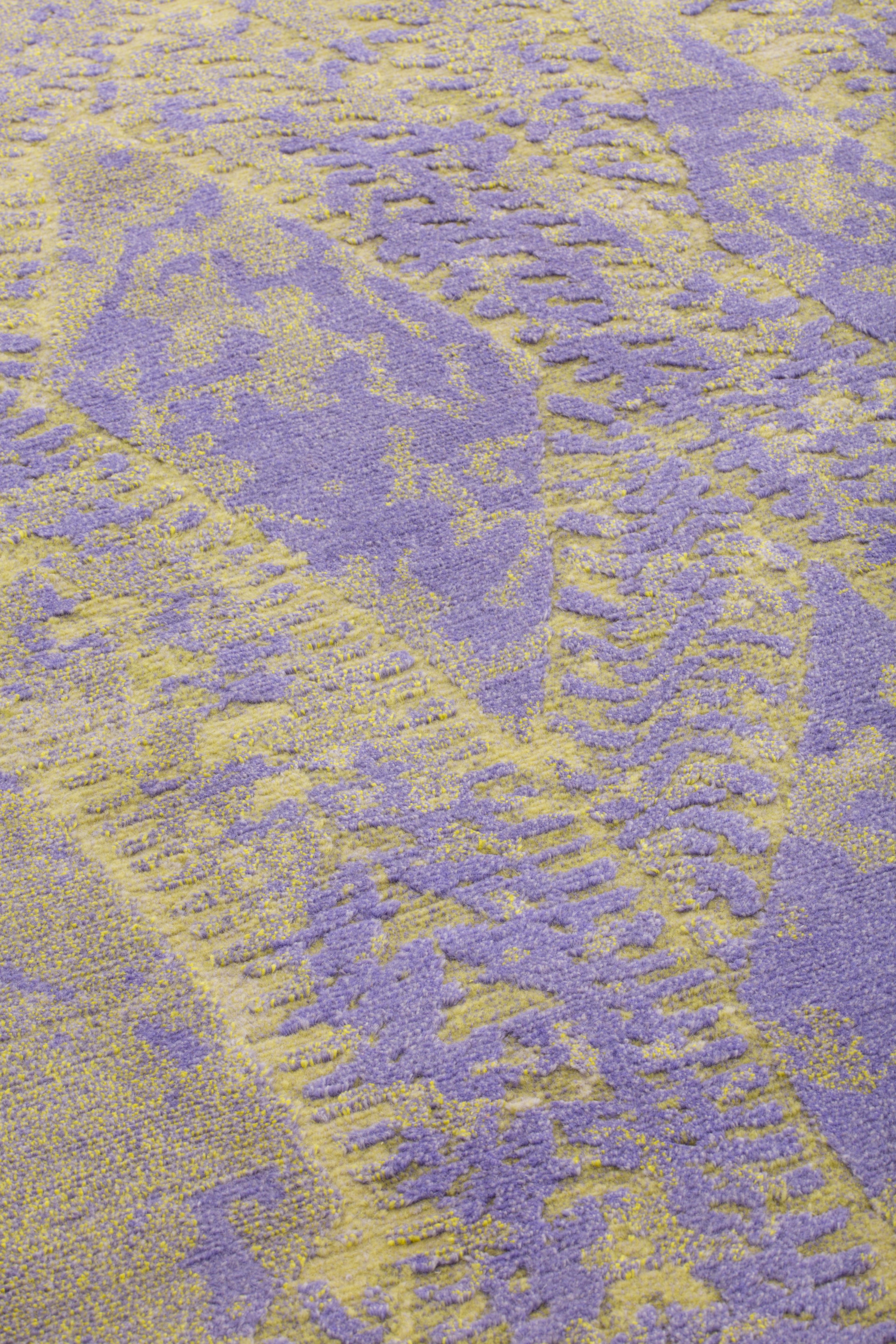 Hand-Knotted cc-tapis Tcp Collection Car Park 3 Round in Glitch Lime Violet by Odd Matter For Sale