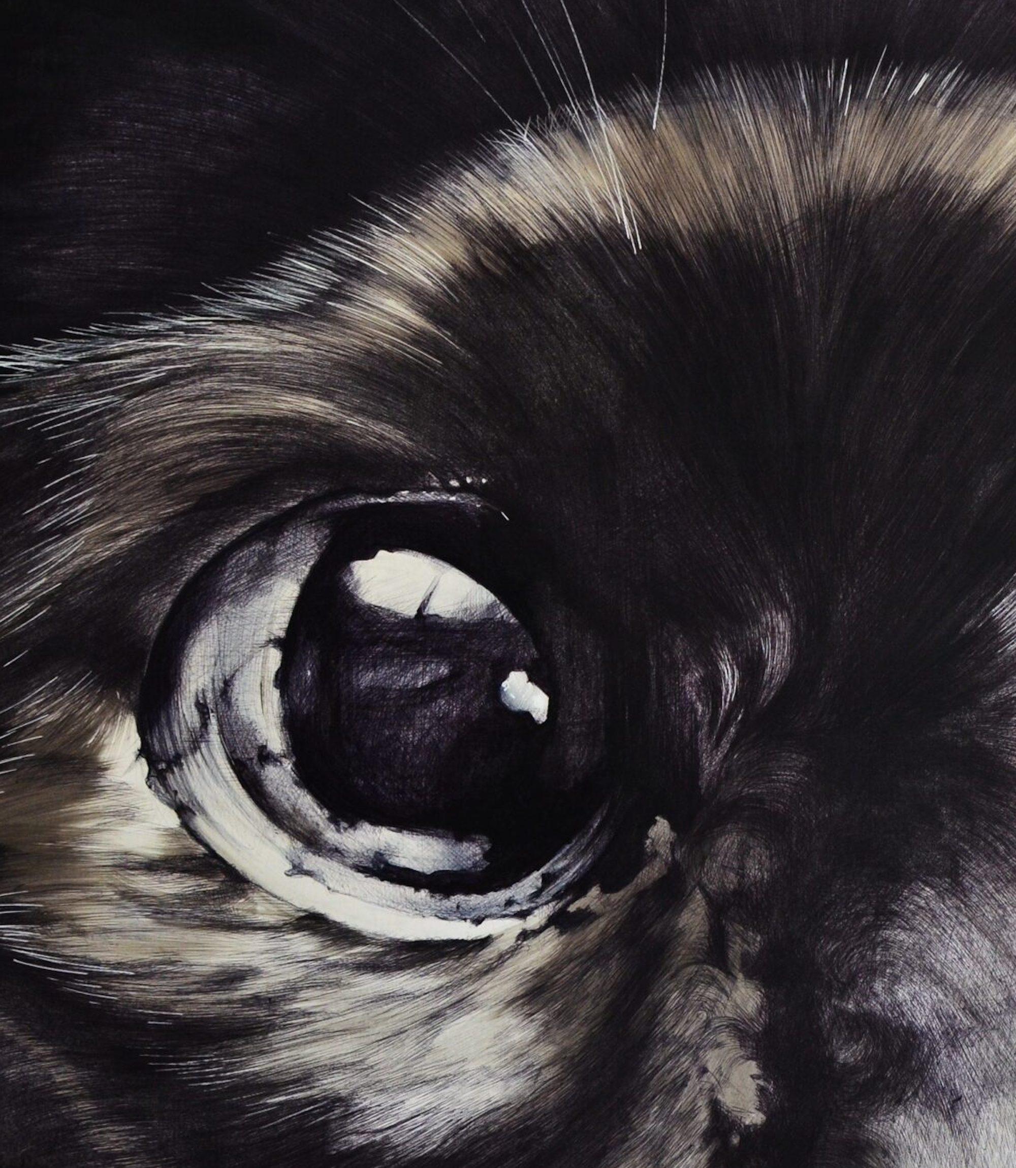 Atarax de Cécile Bisciglia - Grand dessin au stylo à bille sur toile, tons sombres en vente 4