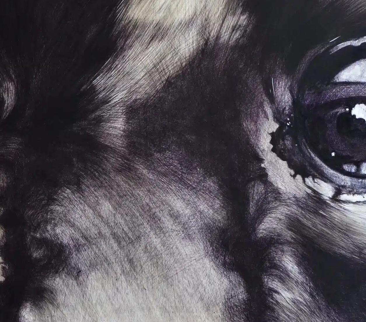 Atarax von Cécile Bisciglia - Große Kugelschreiberzeichnung auf Leinwand, dunkle Töne im Angebot 7