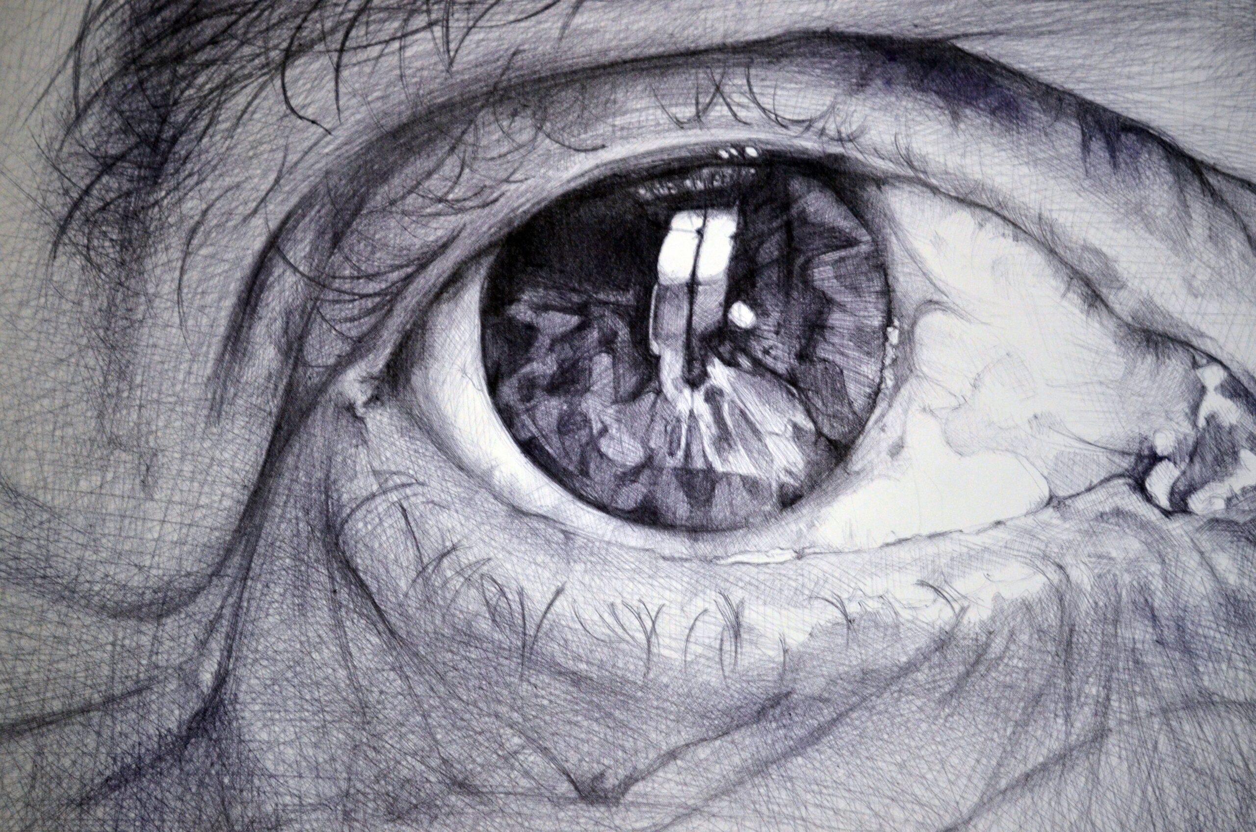 Luigi Pietro par Cécile Bisciglia - Dessin au stylo à bille sur toile, yeux, gris en vente 1