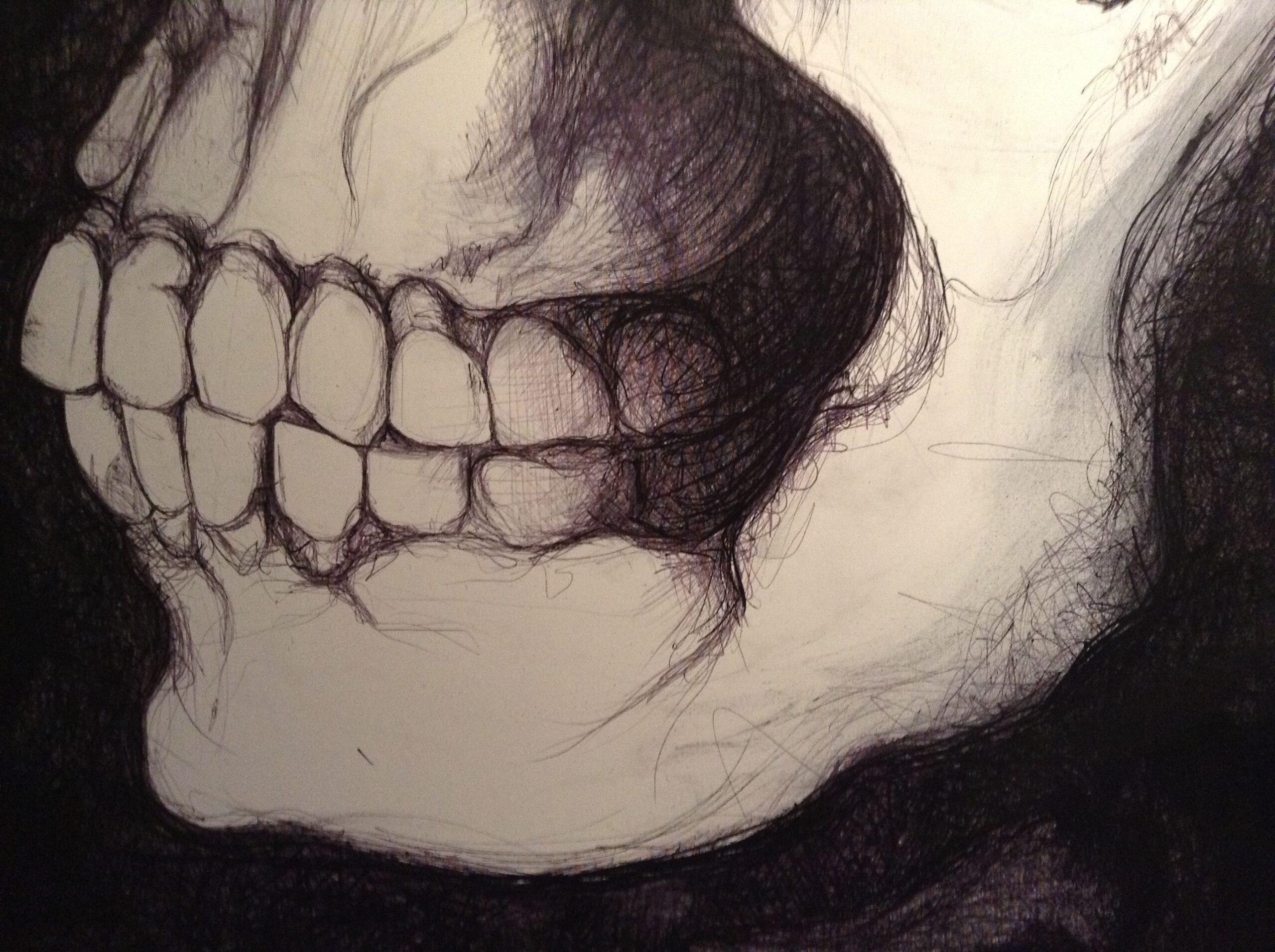 AT&T II de Cécile Bisciglia - Dessin au stylo à bille sur toile, crâne, sombre en vente 1