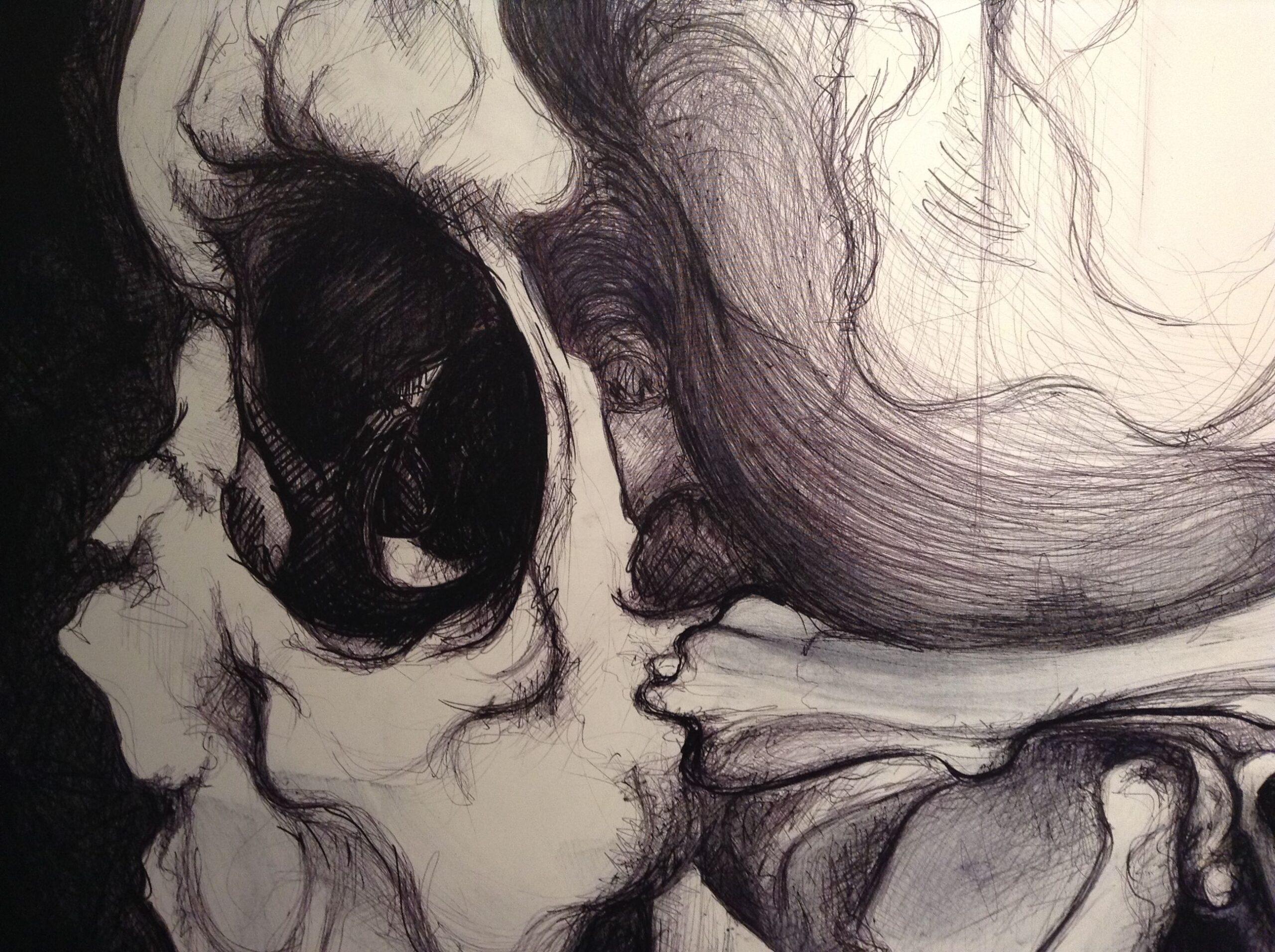 AT&T II de Cécile Bisciglia - Dessin au stylo à bille sur toile, crâne, sombre en vente 2