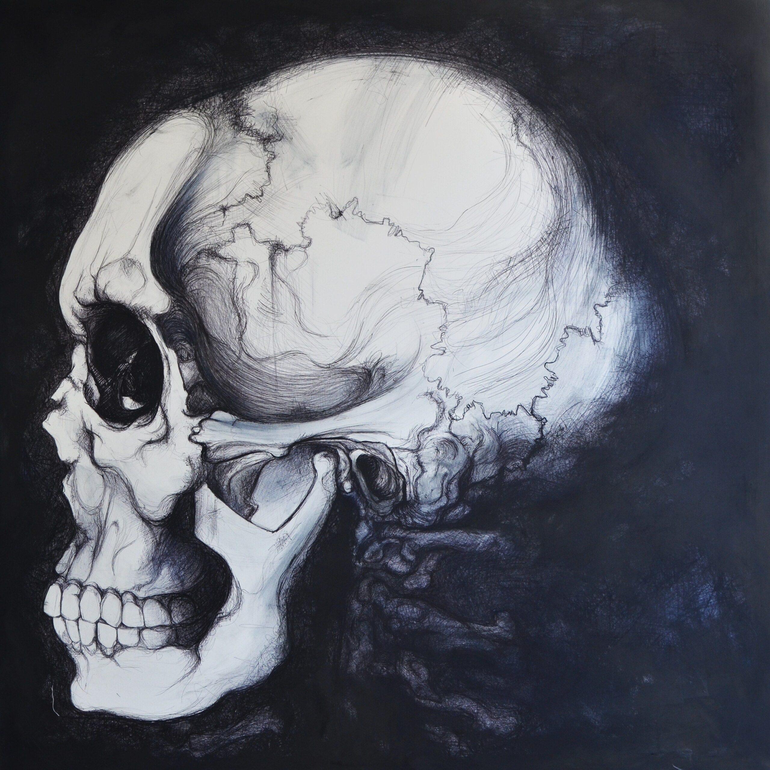Van.I.T II von Cécile Bisciglia - Kugelschreiberzeichnung auf Leinwand, Skull, dunkel