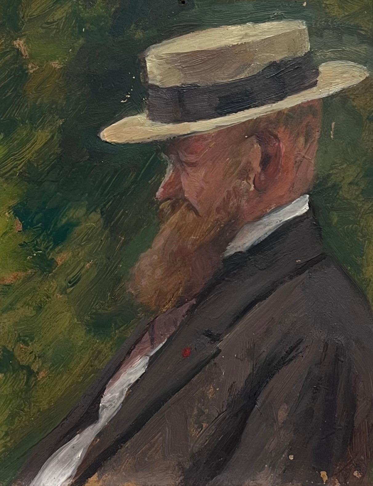 Olio francese post-impressionista del 1920 Uomo barbuto in giardino con cappello di paglia - Painting di Cécile HERTZ-EYROLLES (1875-1974)