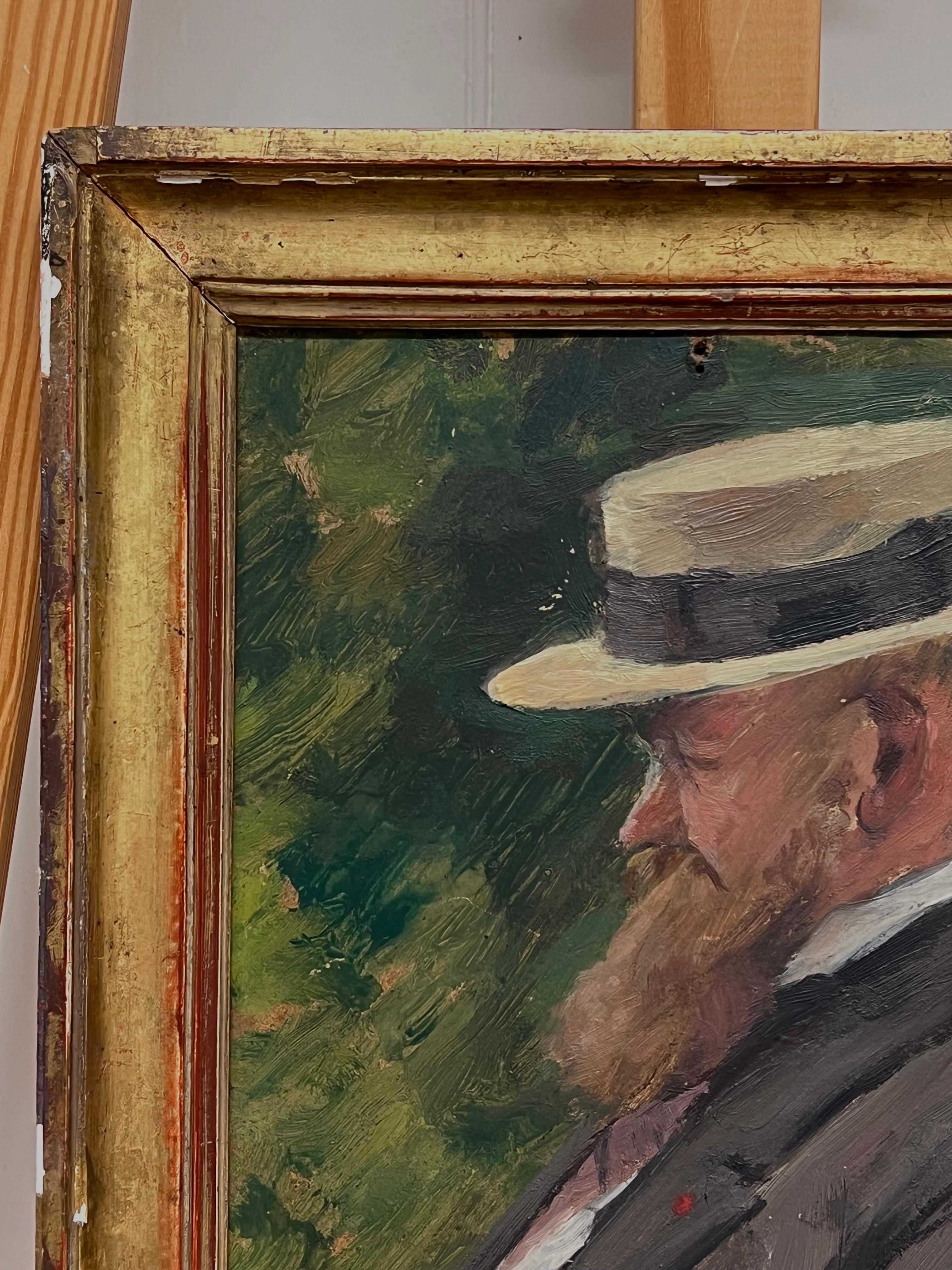 Olio francese post-impressionista del 1920 Uomo barbuto in giardino con cappello di paglia - Painting Impressionismo di Cécile HERTZ-EYROLLES (1875-1974)