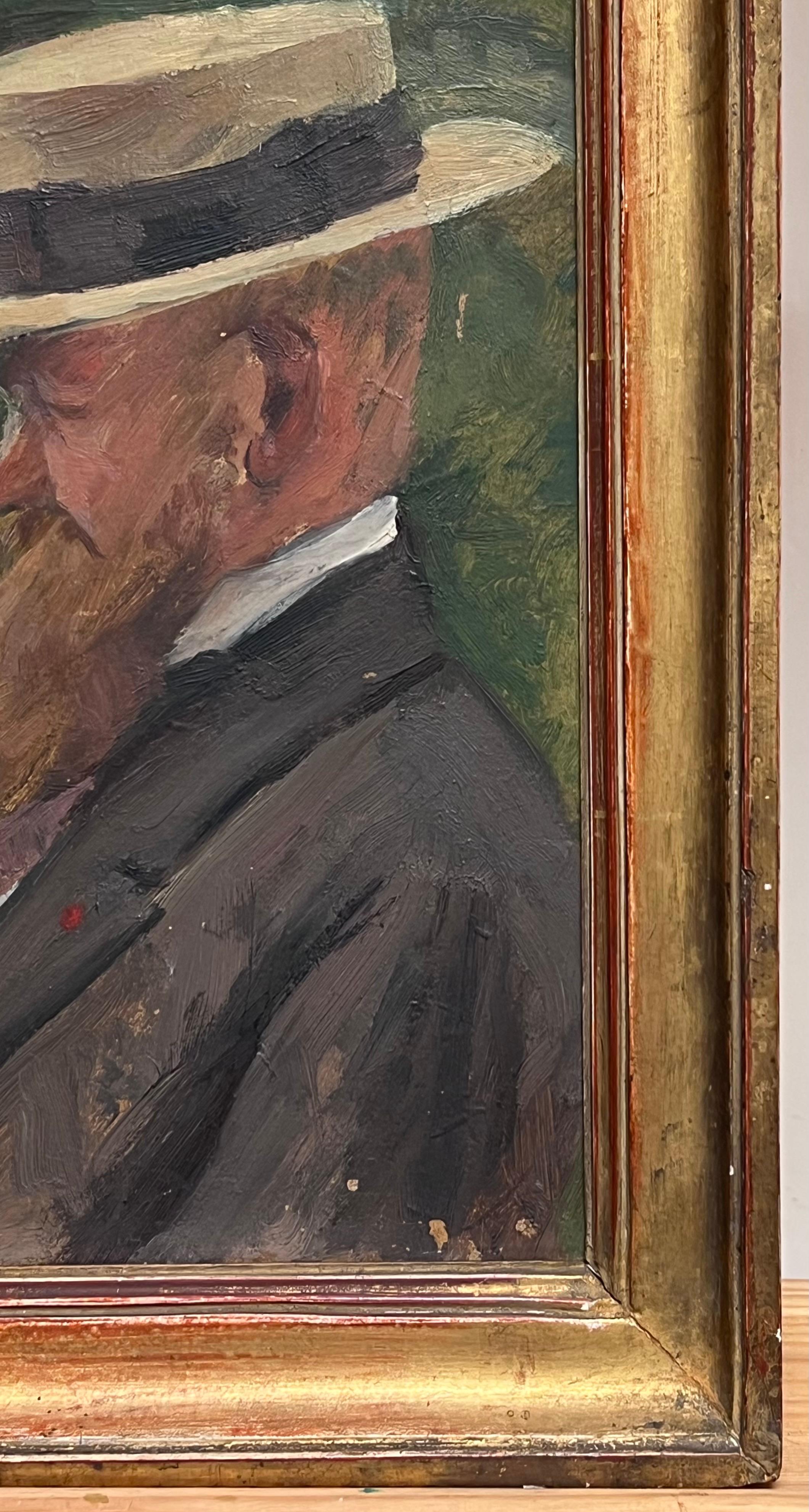 Olio francese post-impressionista del 1920 Uomo barbuto in giardino con cappello di paglia - Interior Painting Nero di Cécile HERTZ-EYROLLES (1875-1974)