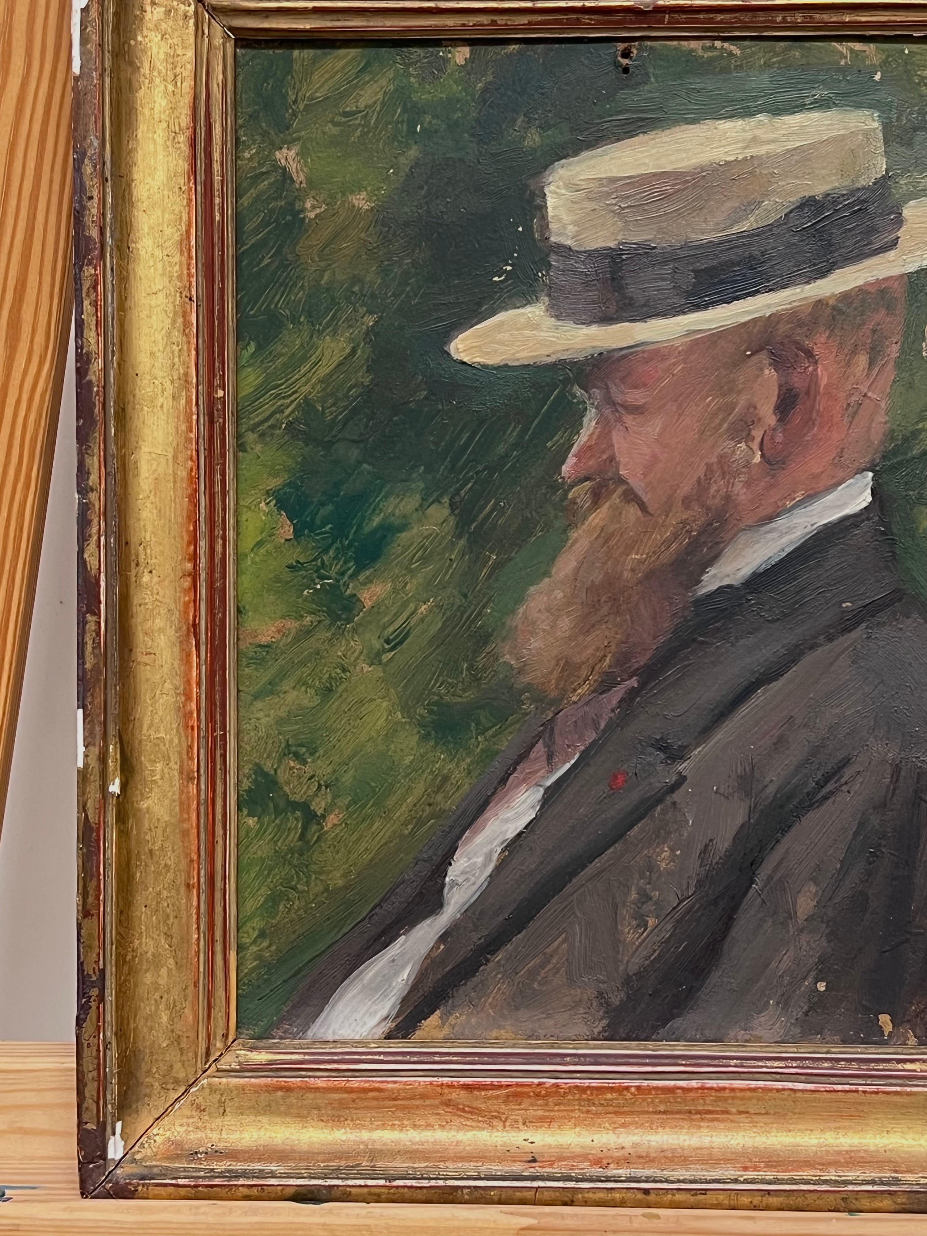 Olio francese post-impressionista del 1920 Uomo barbuto in giardino con cappello di paglia in vendita 1