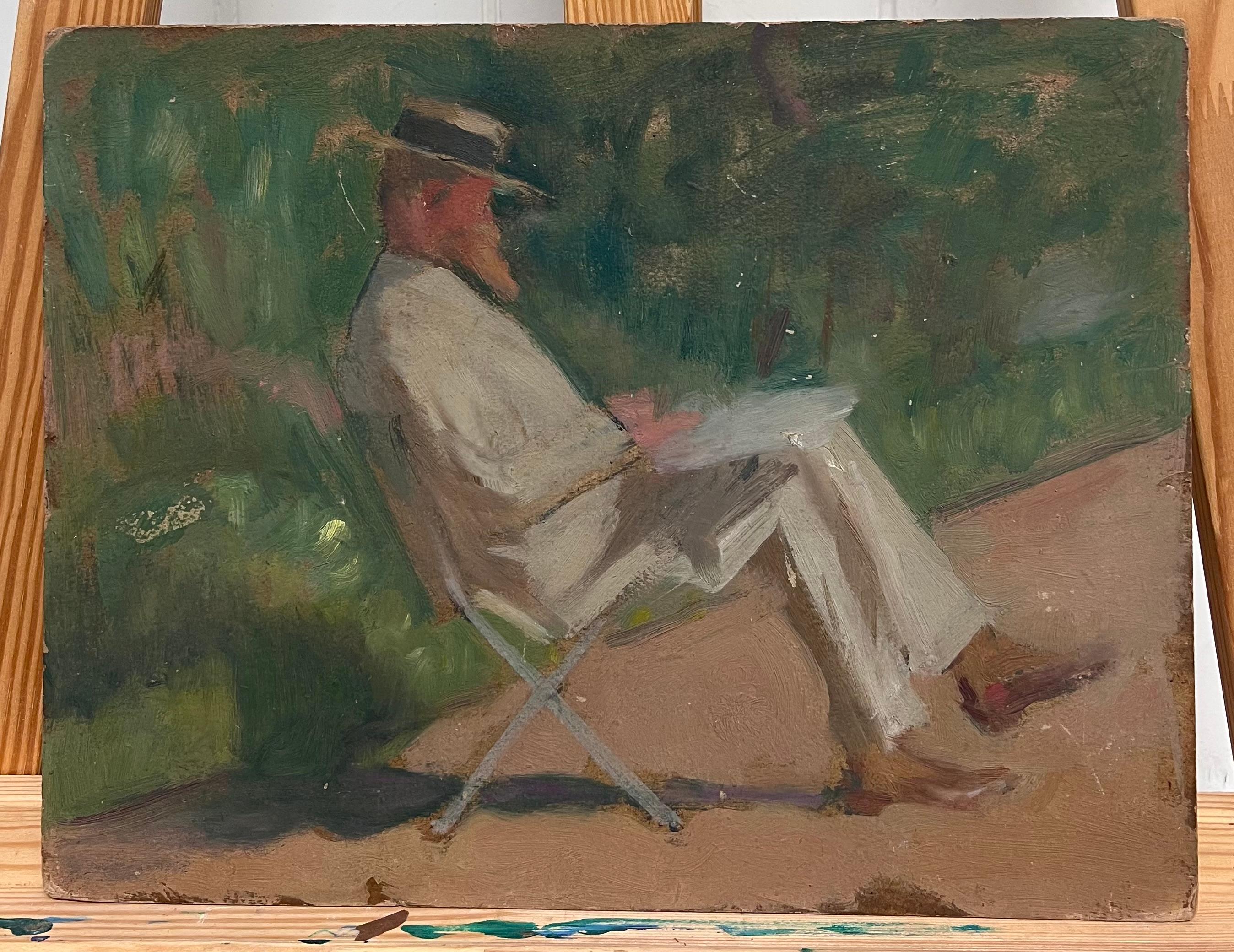 1920's French Post-Impressionist Oil Man Seated in Garden Reading in Chair - Painting by Cécile HERTZ-EYROLLES (1875-1974)