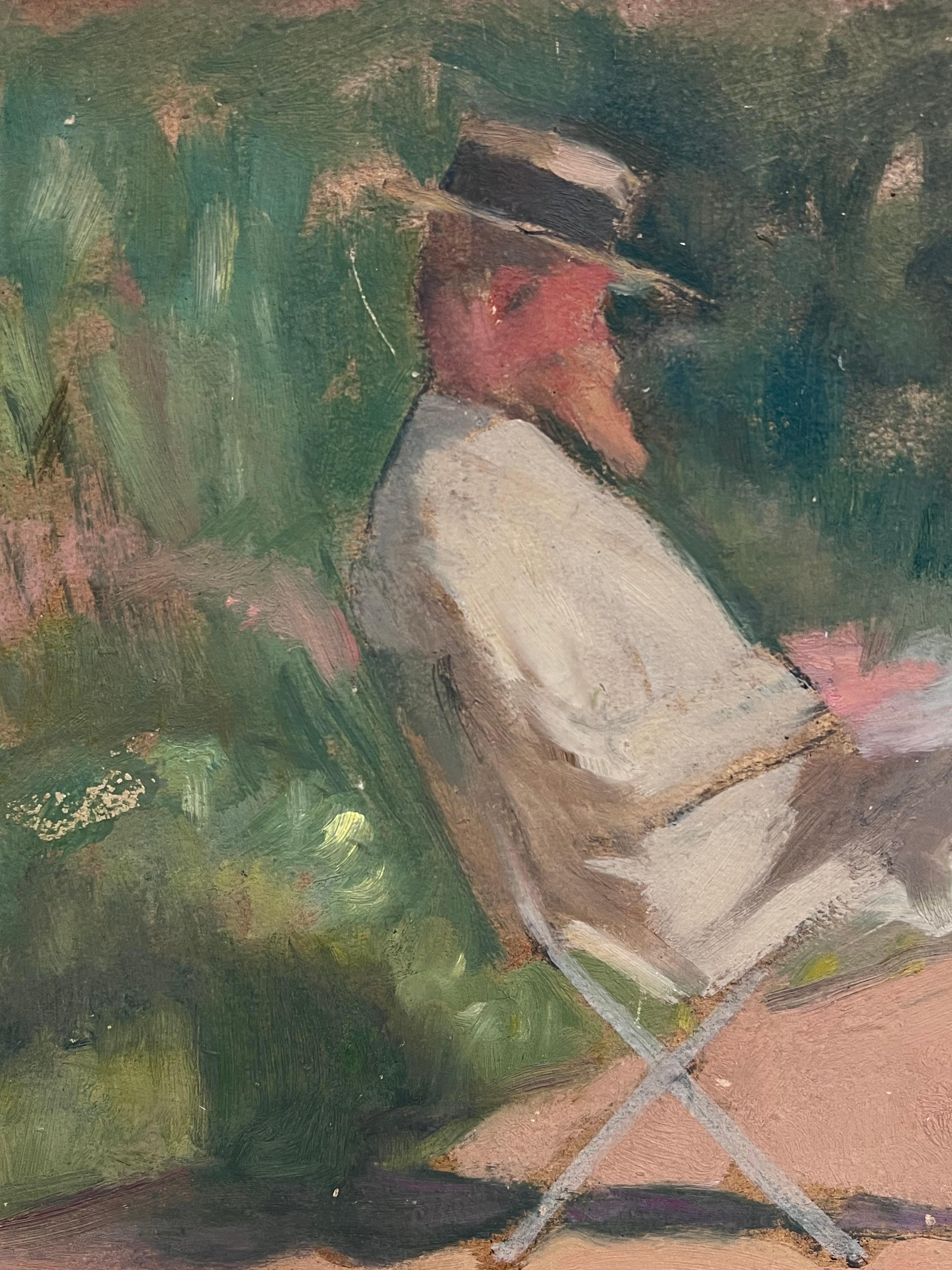 1920's French Post-Impressionist Oil Man Seated in Garden Reading in Chair - Gray Interior Painting by Cécile HERTZ-EYROLLES (1875-1974)