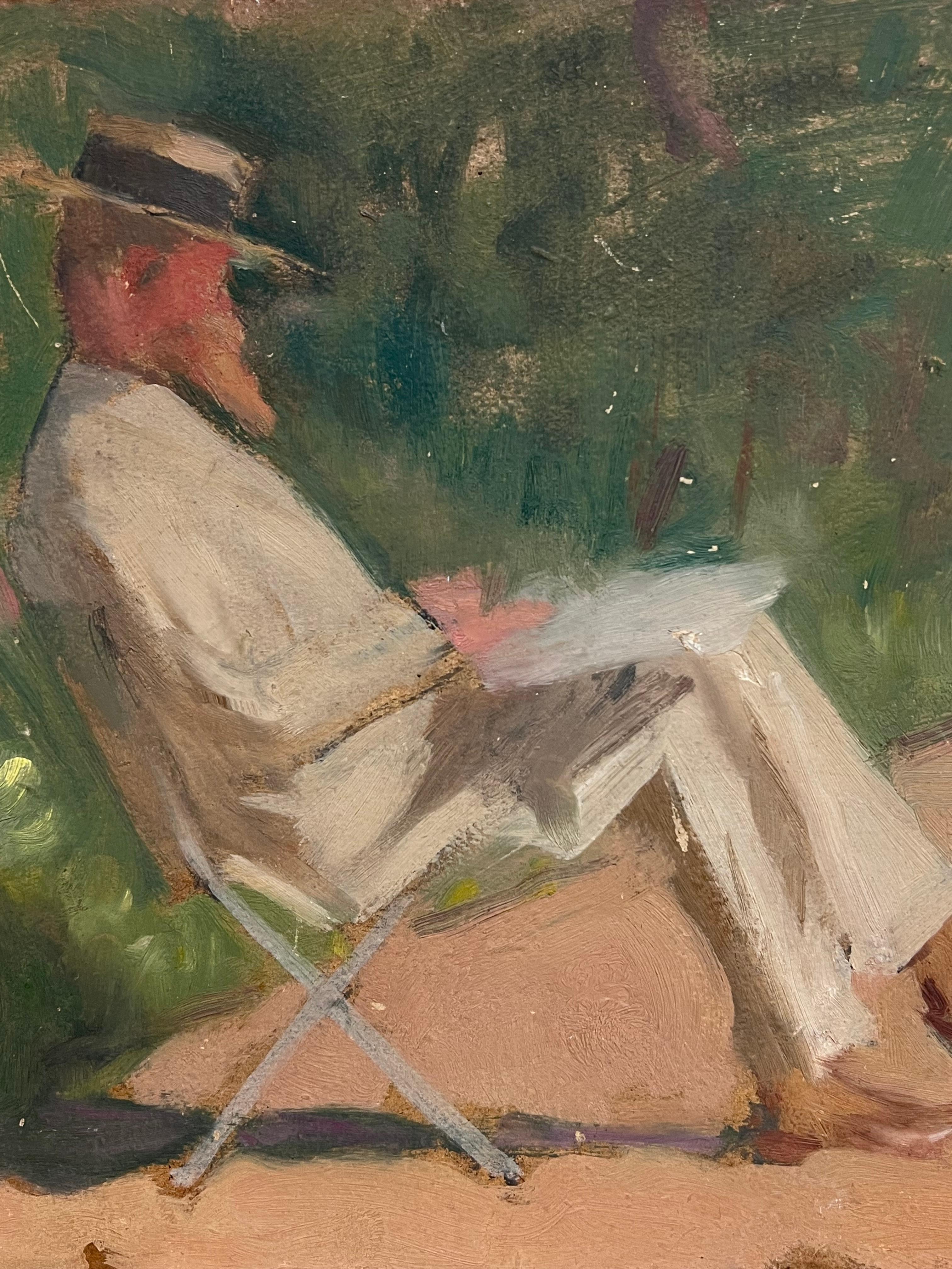 Seated Man in a Garden, Reading
by Cécile Hertz-Eyrolles (1875-1974)
stamped with the artists studio mark 
oil on board, unframed
board: 10.75 x 13.75 inches
Provenance: the artists estate, Paris, France
Condition: very good condition

For more any