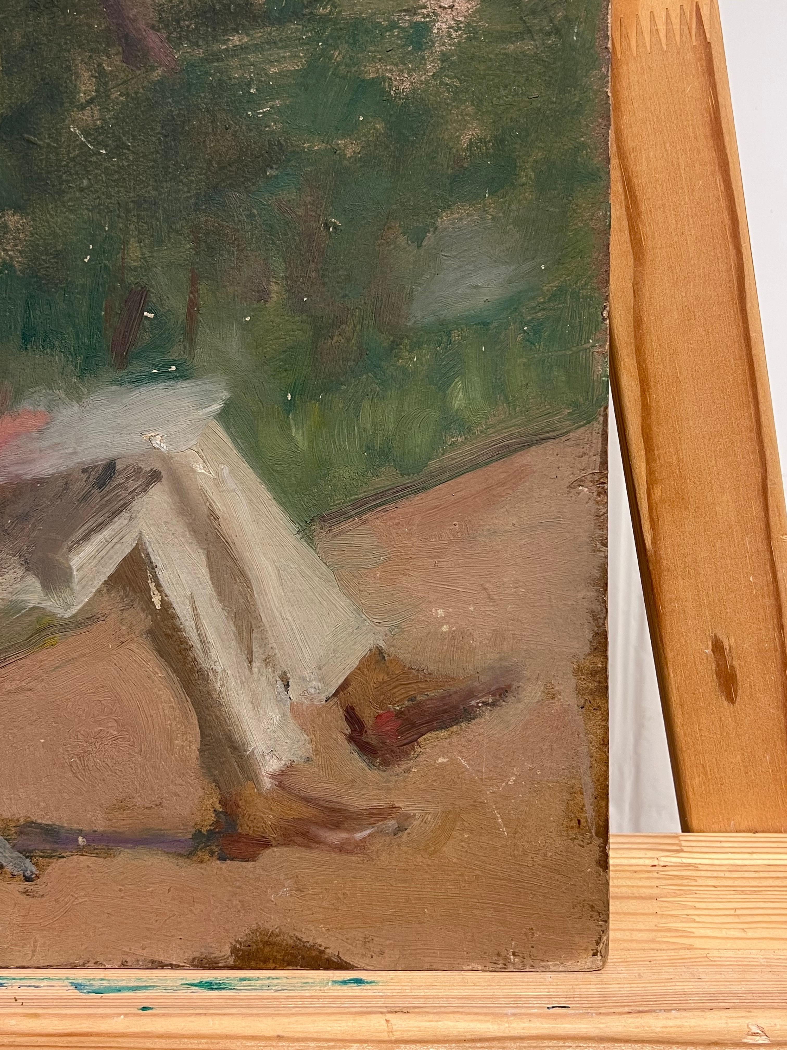1920's French Post-Impressionist Oil Man Seated in Garden Reading in Chair 1