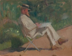 1920's French Post-Impressionist Oil Man Seated in Garden Reading in Chair