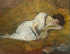 1930's French Impressionist Reclining Lady in White Dress Reading Pastel