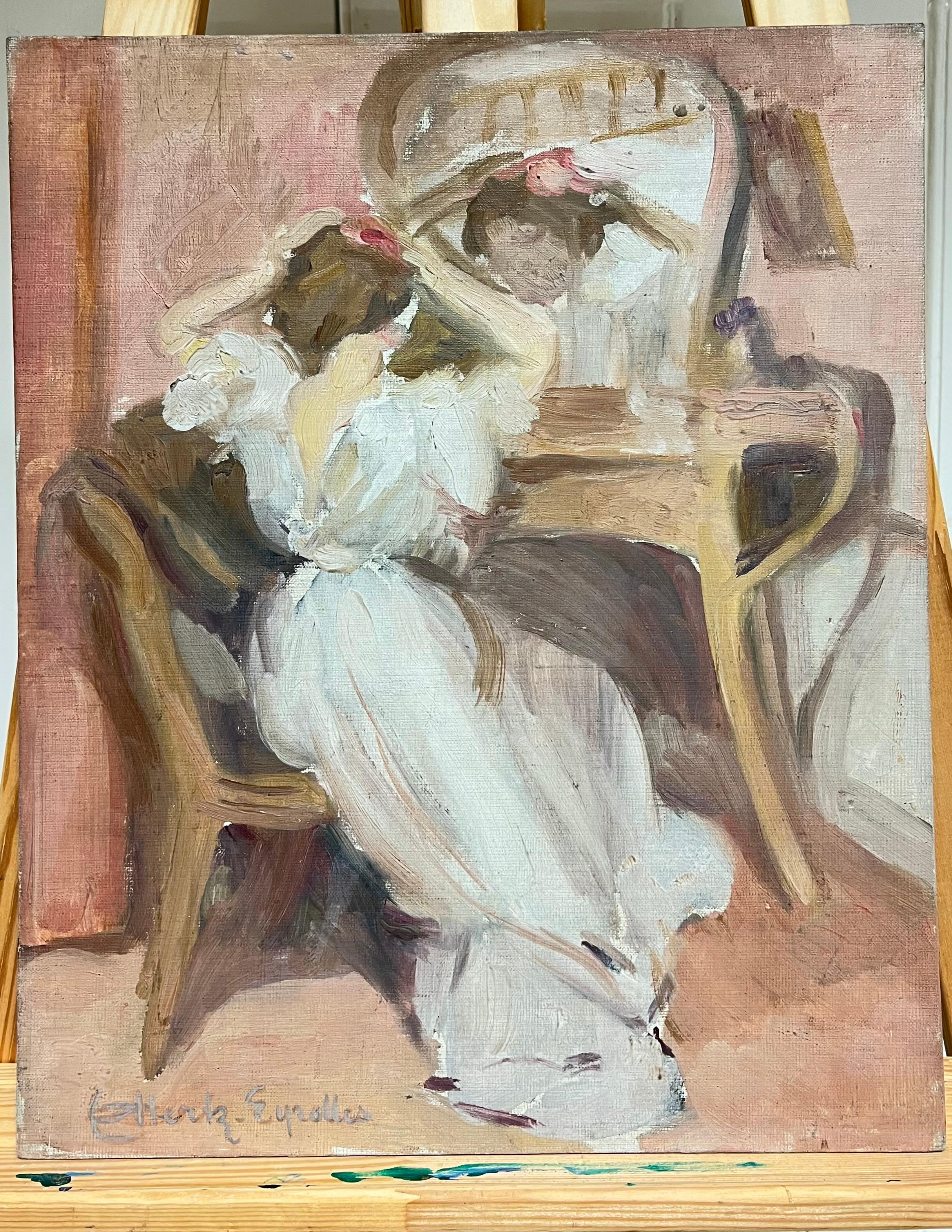 1930's French Impressionist Signed Oil Elegant Lady at Dressing Table Combing - Painting by Cécile HERTZ-EYROLLES (1875-1974)