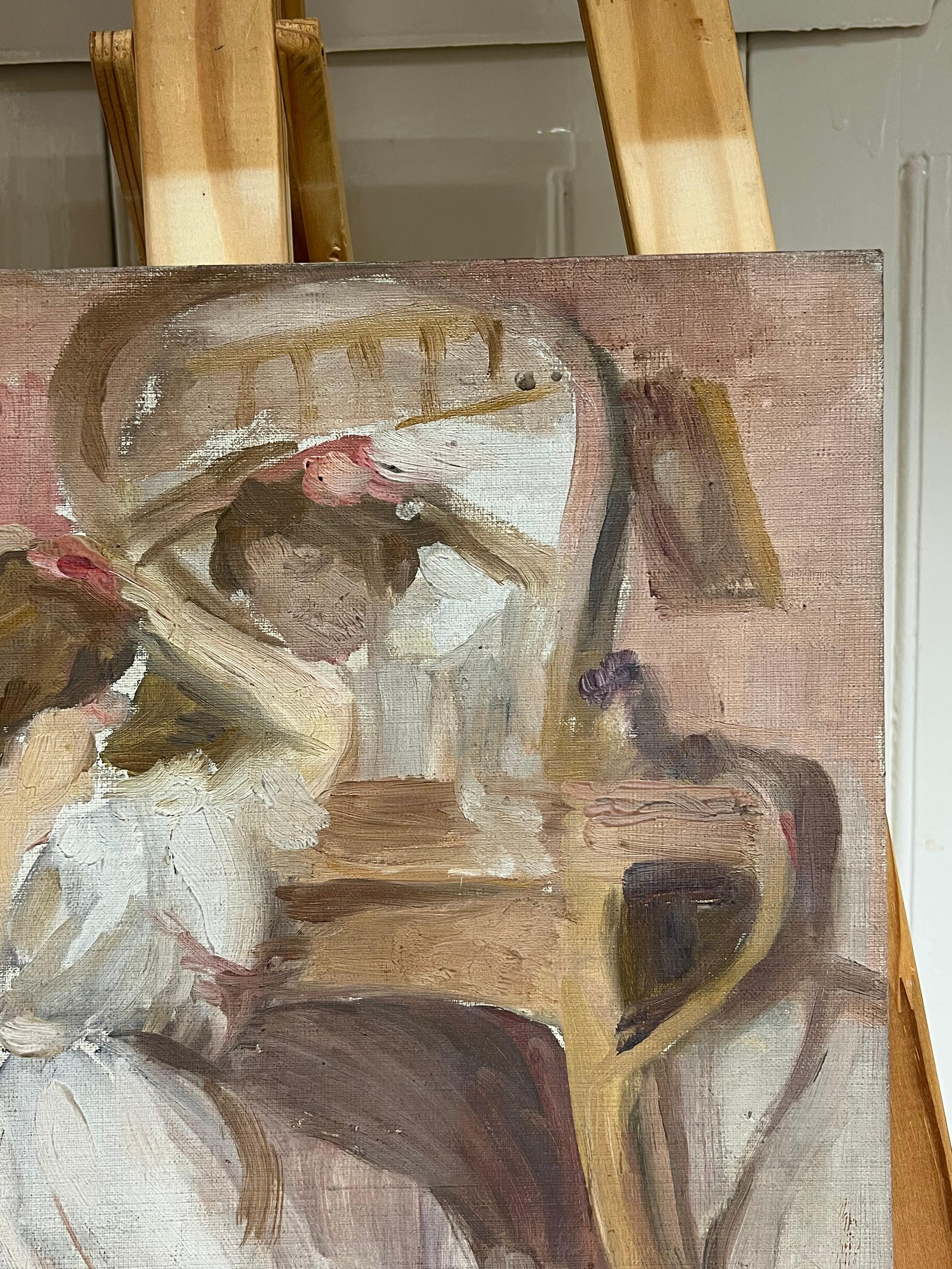 1930's French Impressionist Signed Oil Elegant Lady at Dressing Table Combing - Brown Interior Painting by Cécile HERTZ-EYROLLES (1875-1974)