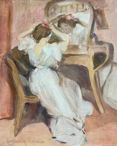 1930's French Impressionist Signed Oil Elegant Lady at Dressing Table Combing