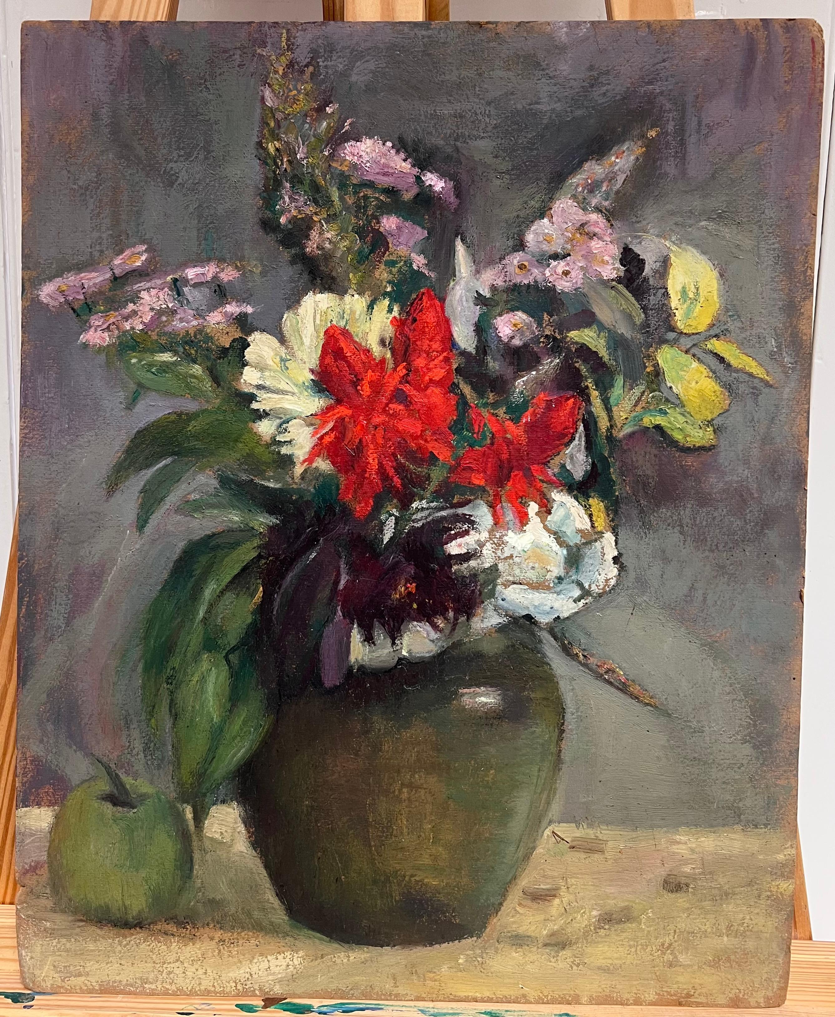 1930's French Post-Impressionist Oil Colorful Still Life Flowers in Vase & Apple - Painting by Cécile HERTZ-EYROLLES (1875-1974)