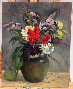 1930's French Post-Impressionist Oil Colorful Still Life Flowers in Vase & Apple