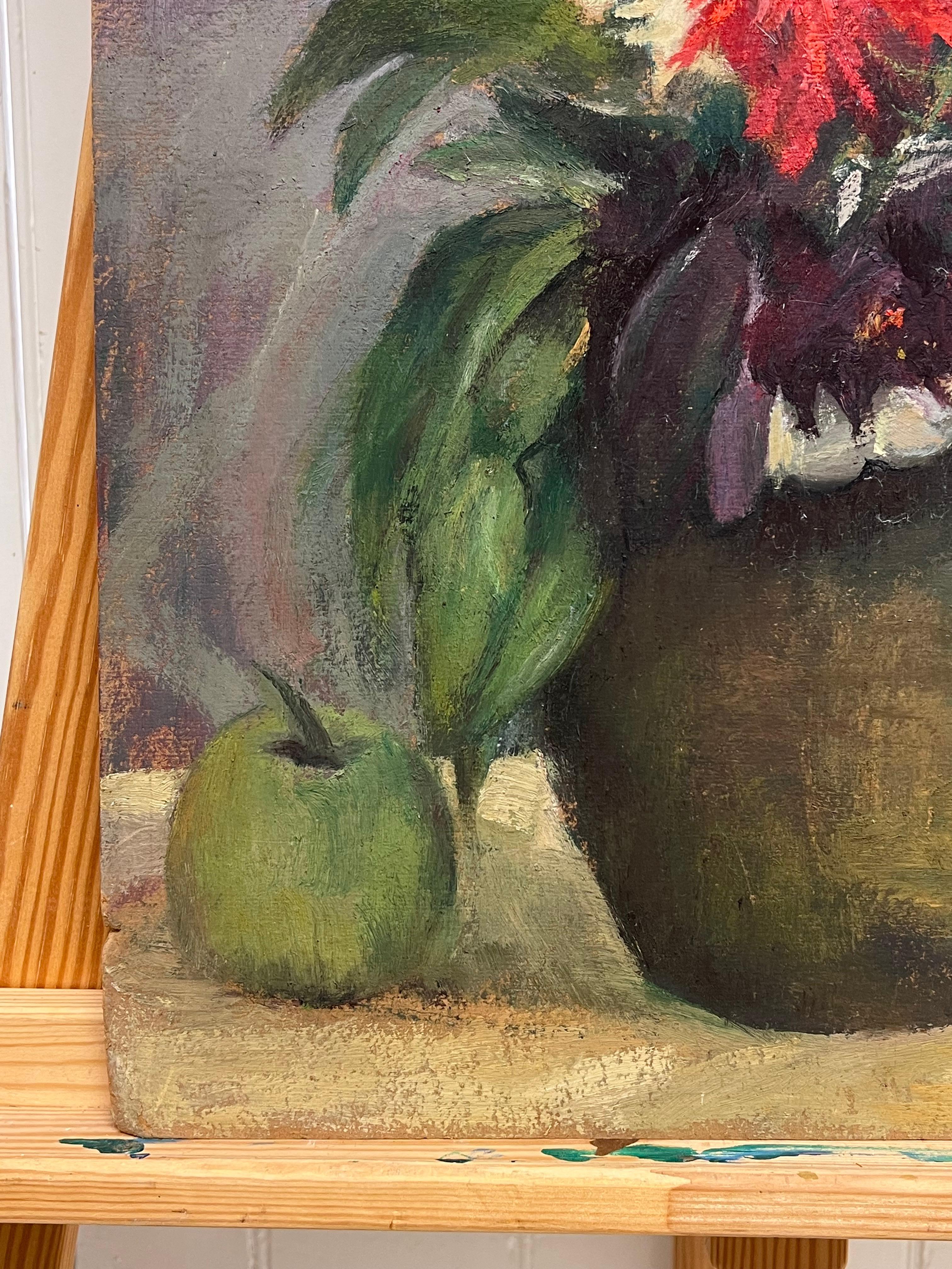 1930's French Post-Impressionist Oil Colorful Still Life Flowers in Vase & Apple For Sale 2