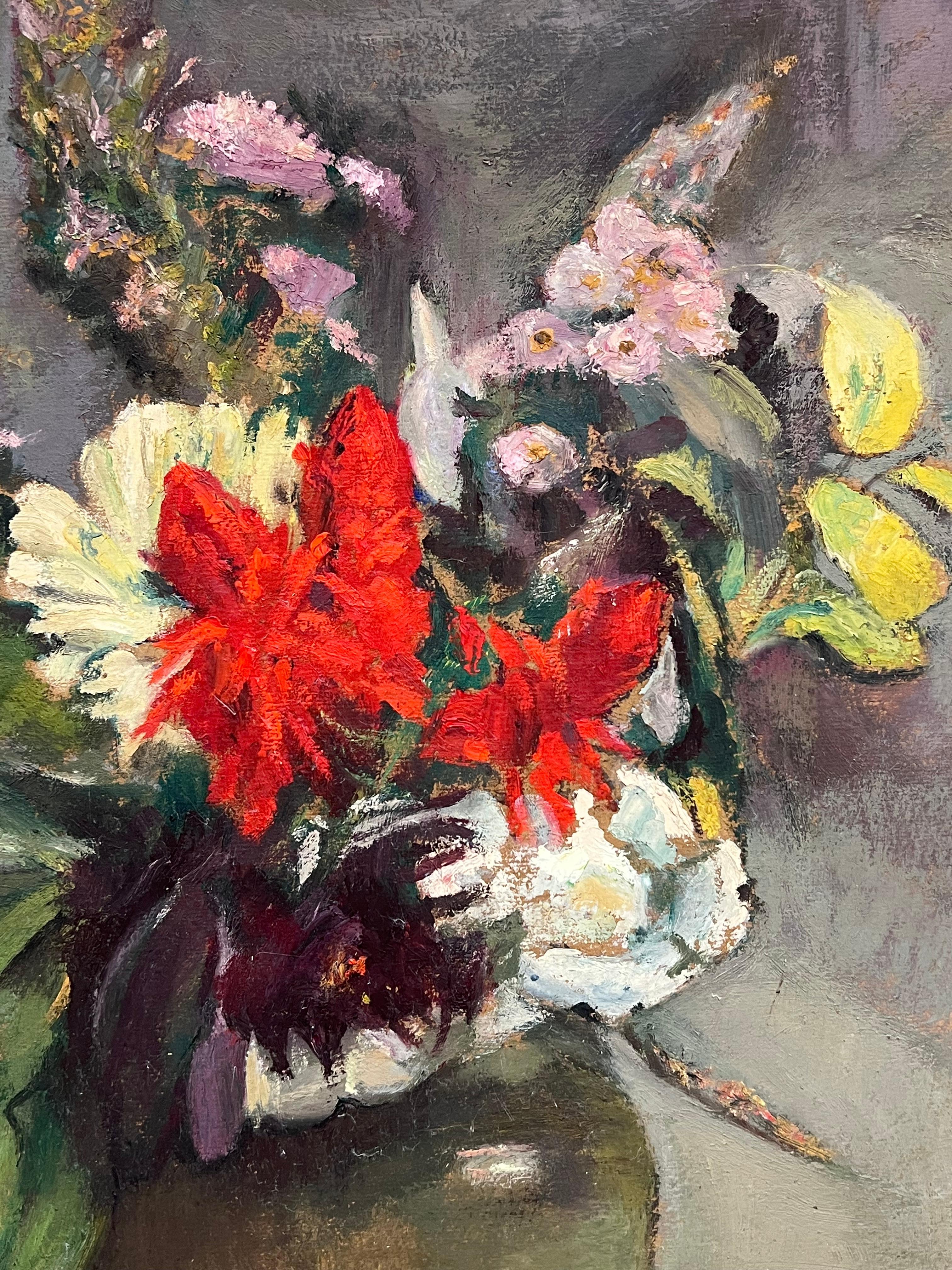1930's French Post-Impressionist Oil Colorful Still Life Flowers in Vase & Apple For Sale 3