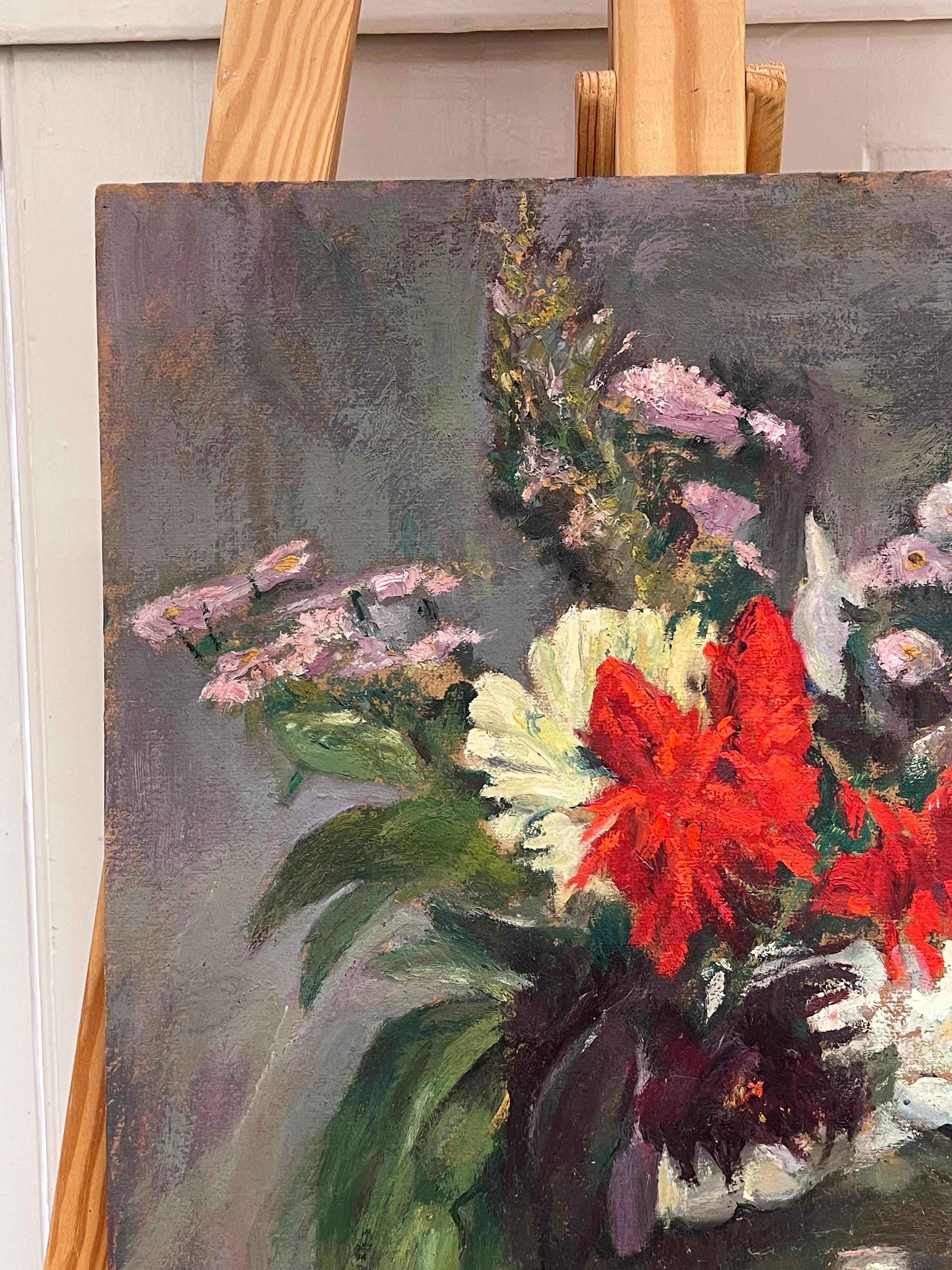 1930's French Post-Impressionist Oil Colorful Still Life Flowers in Vase & Apple For Sale 4