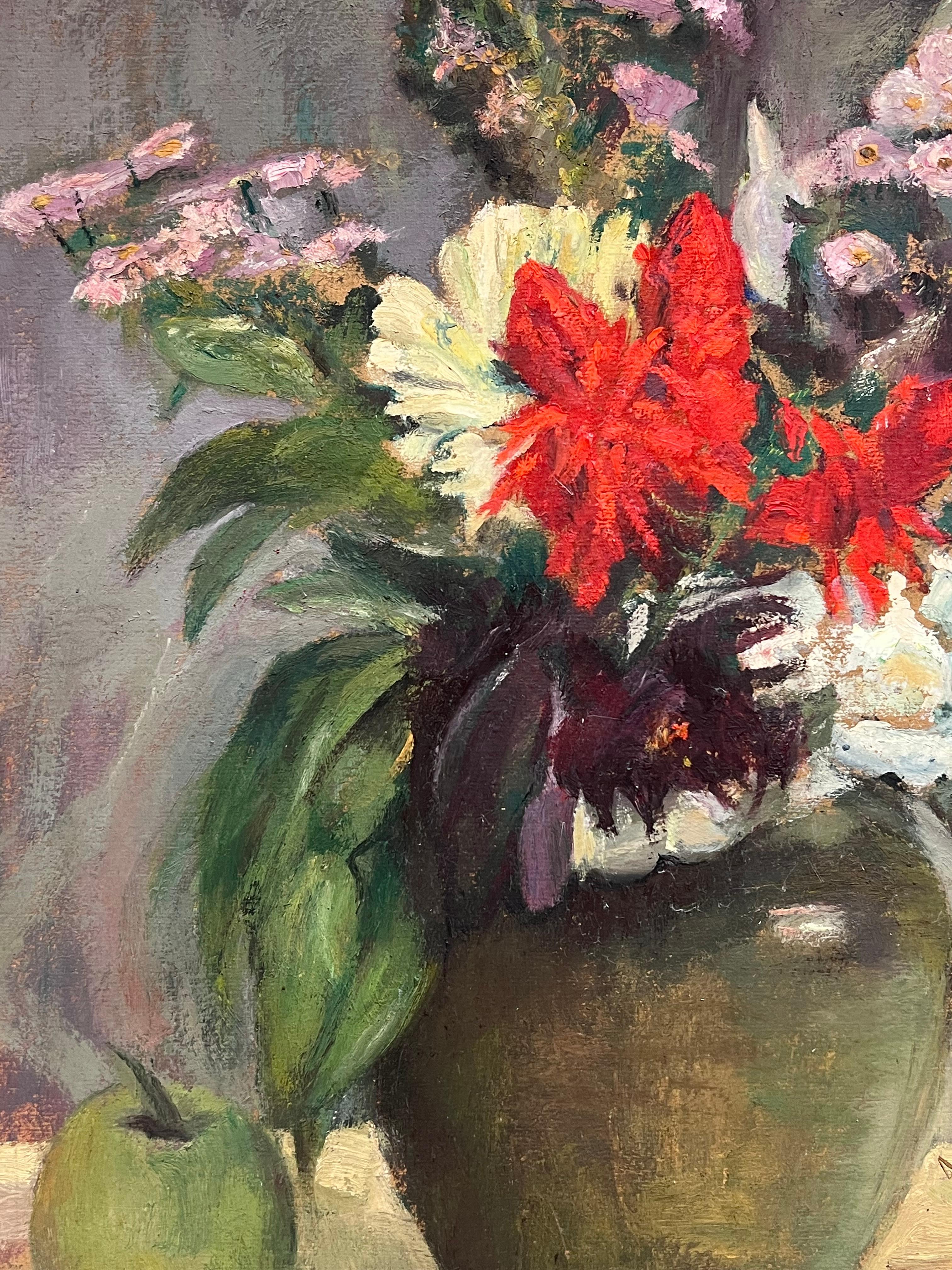 1930's French Post-Impressionist Oil Colorful Still Life Flowers in Vase & Apple For Sale 5