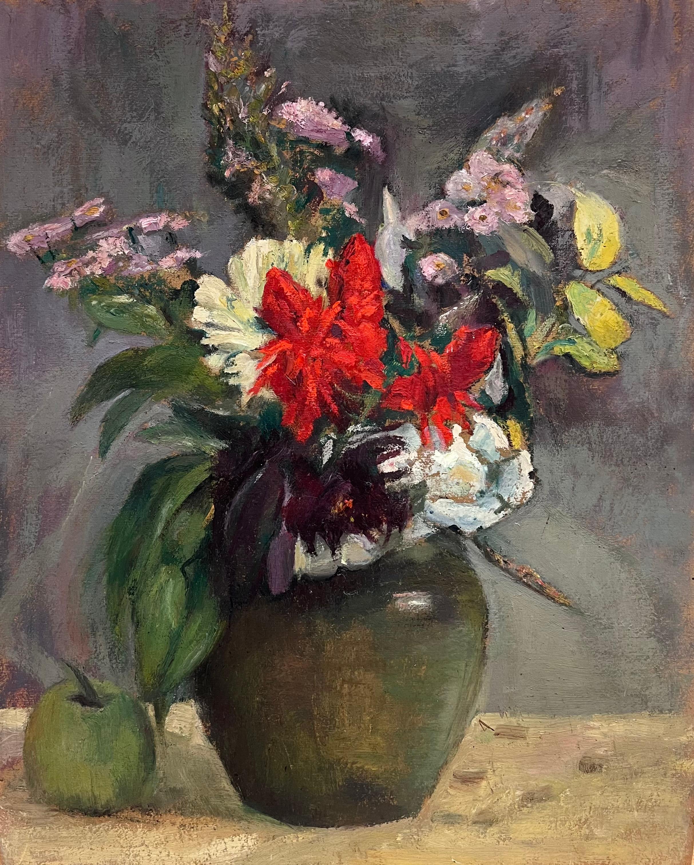 Cécile HERTZ-EYROLLES (1875-1974) Still-Life Painting - 1930's French Post-Impressionist Oil Colorful Still Life Flowers in Vase & Apple