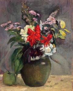 1930's French Post-Impressionist Oil Colorful Still Life Flowers in Vase & Apple
