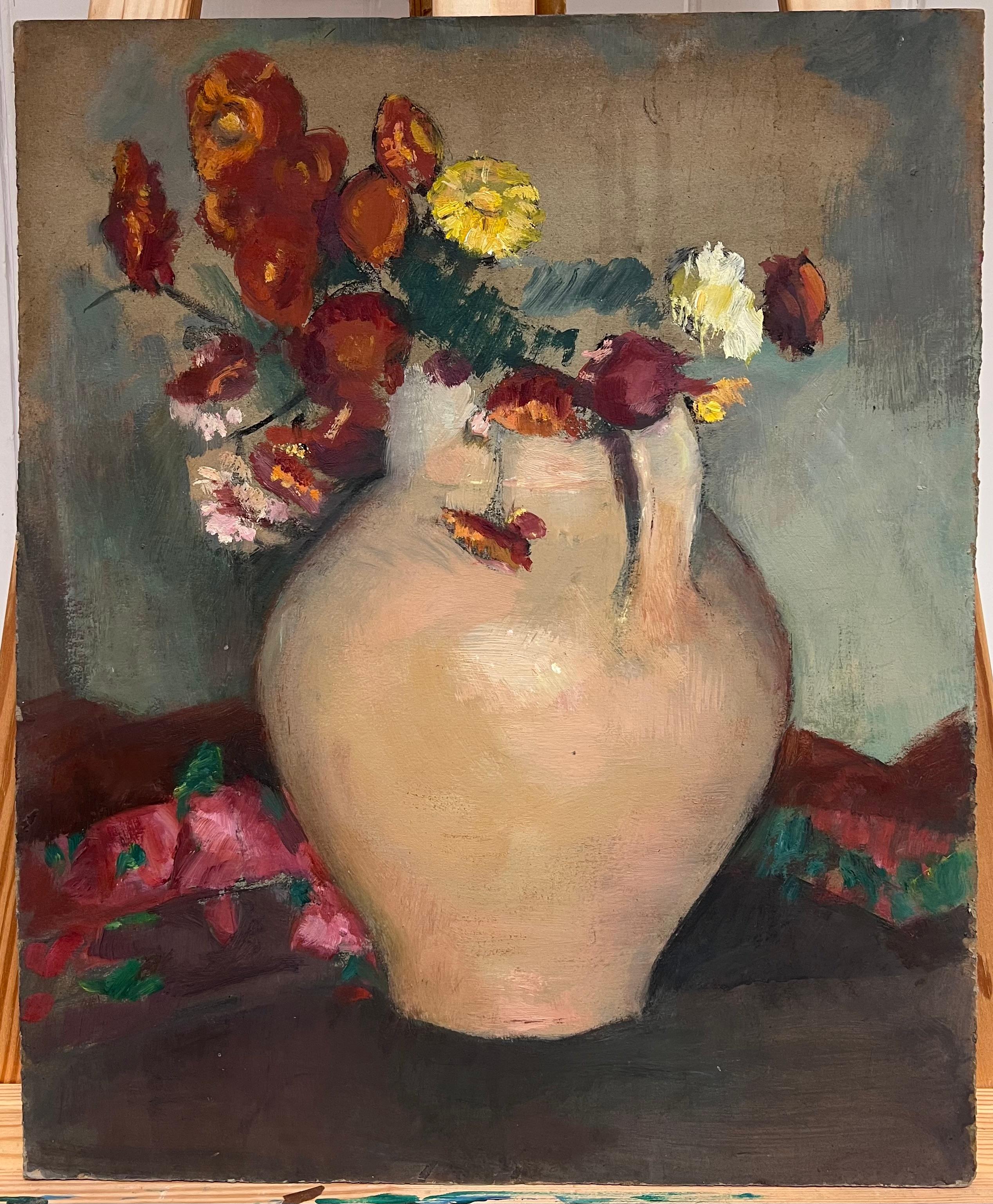 Nature morte à l'huile post-impressionniste française des années 1930 - Fleurs dans un vase en terre - Painting de Cécile HERTZ-EYROLLES (1875-1974)