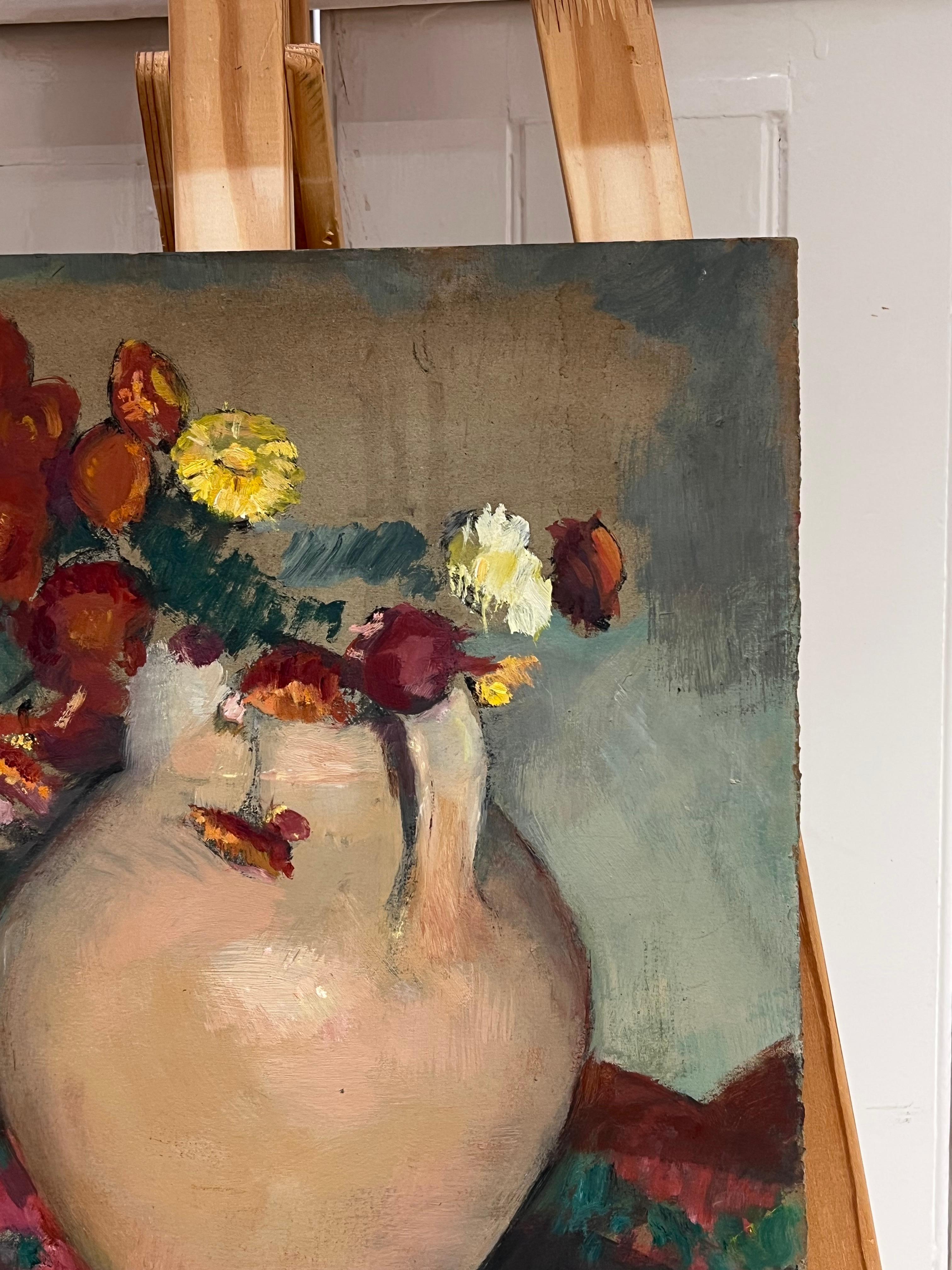 Nature morte à l'huile post-impressionniste française des années 1930 - Fleurs dans un vase en terre - Marron Still-Life Painting par Cécile HERTZ-EYROLLES (1875-1974)