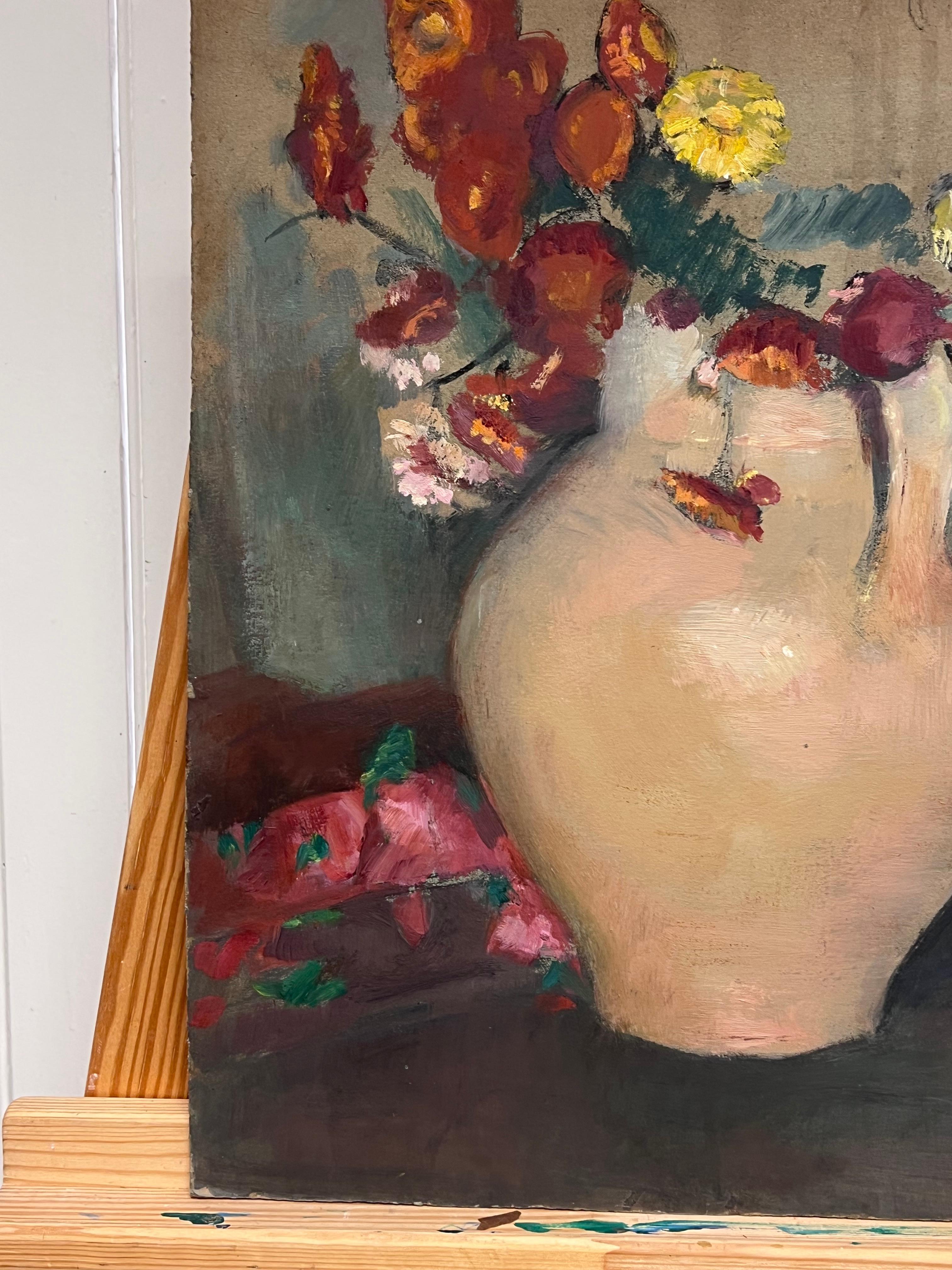 Nature morte à l'huile post-impressionniste française des années 1930 - Fleurs dans un vase en terre en vente 1