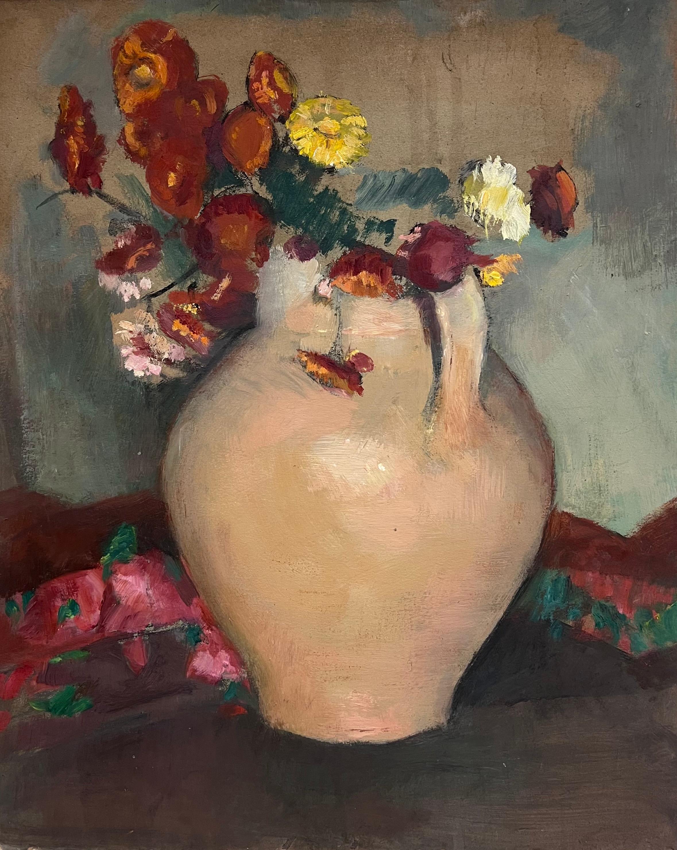 Still-Life Painting Cécile HERTZ-EYROLLES (1875-1974) - Nature morte à l'huile post-impressionniste française des années 1930 - Fleurs dans un vase en terre