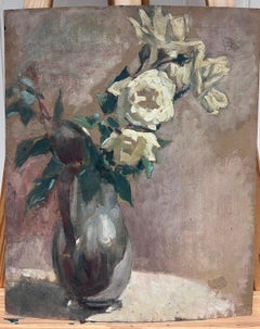 1930's French Post-Impressionist Oil White Roses in Green Vase Still Life