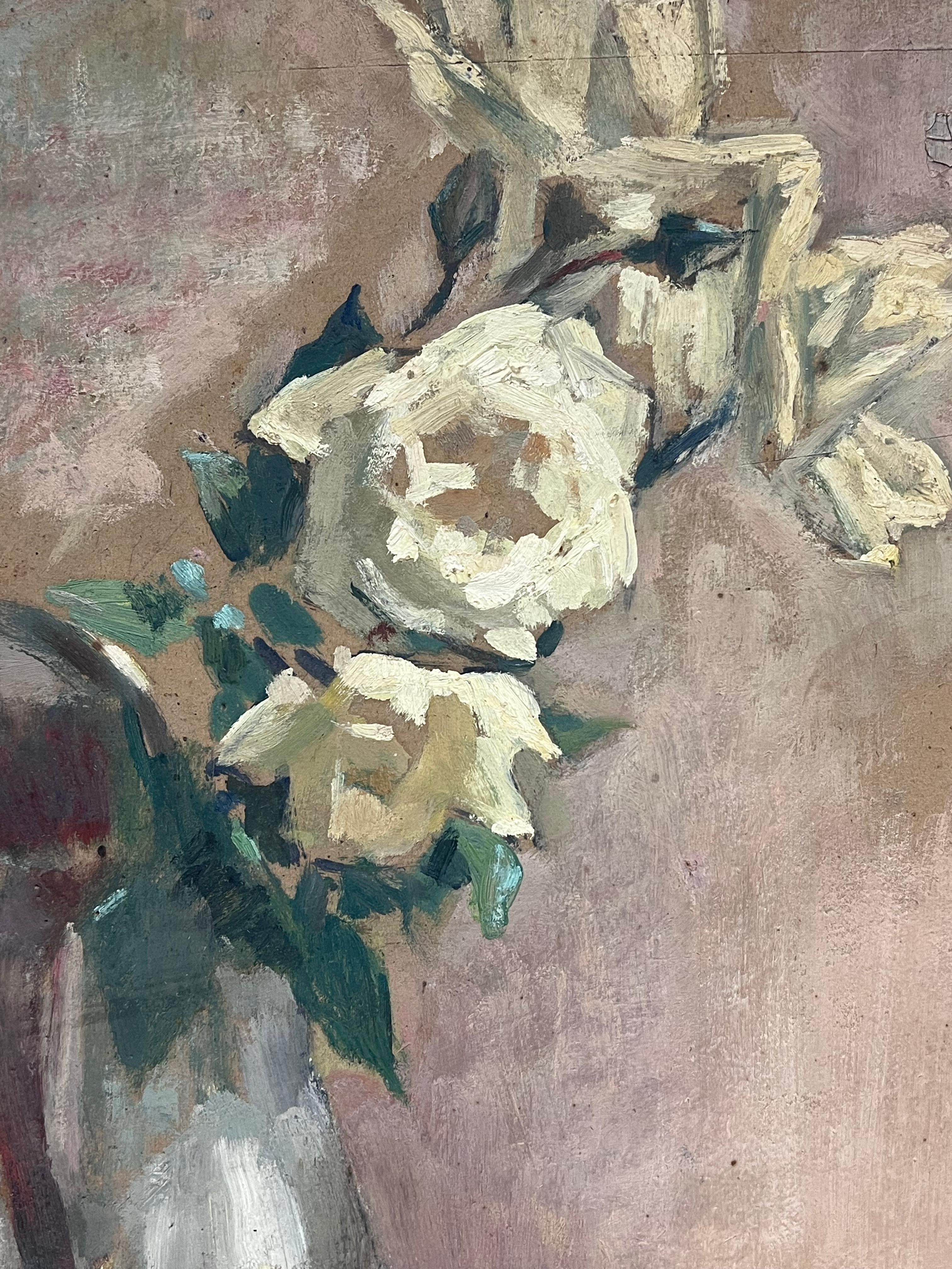 1930's French Post-Impressionist Oil White Roses in Green Vase Still Life - Gray Interior Painting by Cécile HERTZ-EYROLLES (1875-1974)