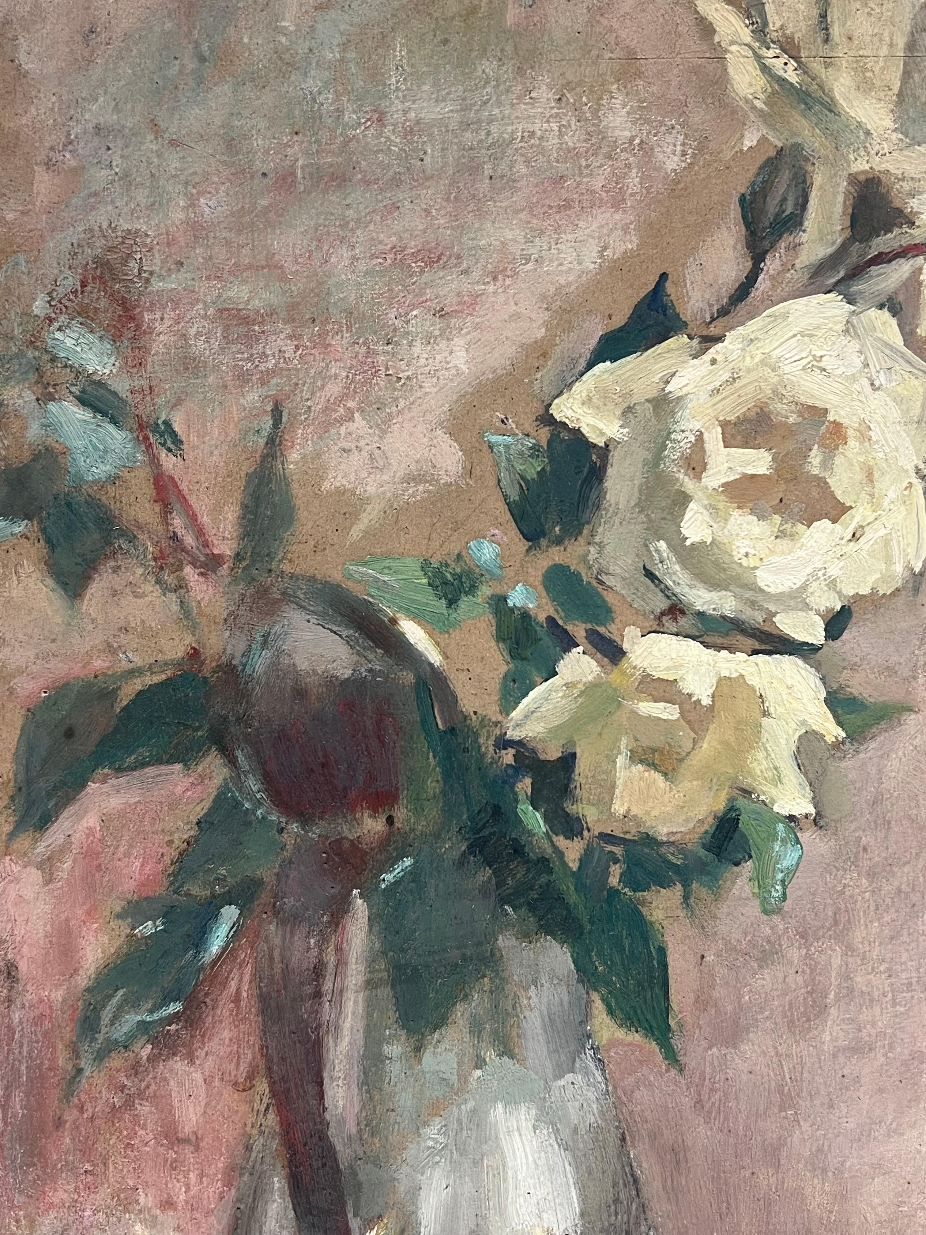 Still Life of White Roses 
by Cécile Hertz-Eyrolles (1875-1974)
stamped with the artists studio mark 
oil on curved board, unframed
board: 18 x 15 inches
Provenance: the artists estate, Paris, France
Condition: very good condition

For more any more