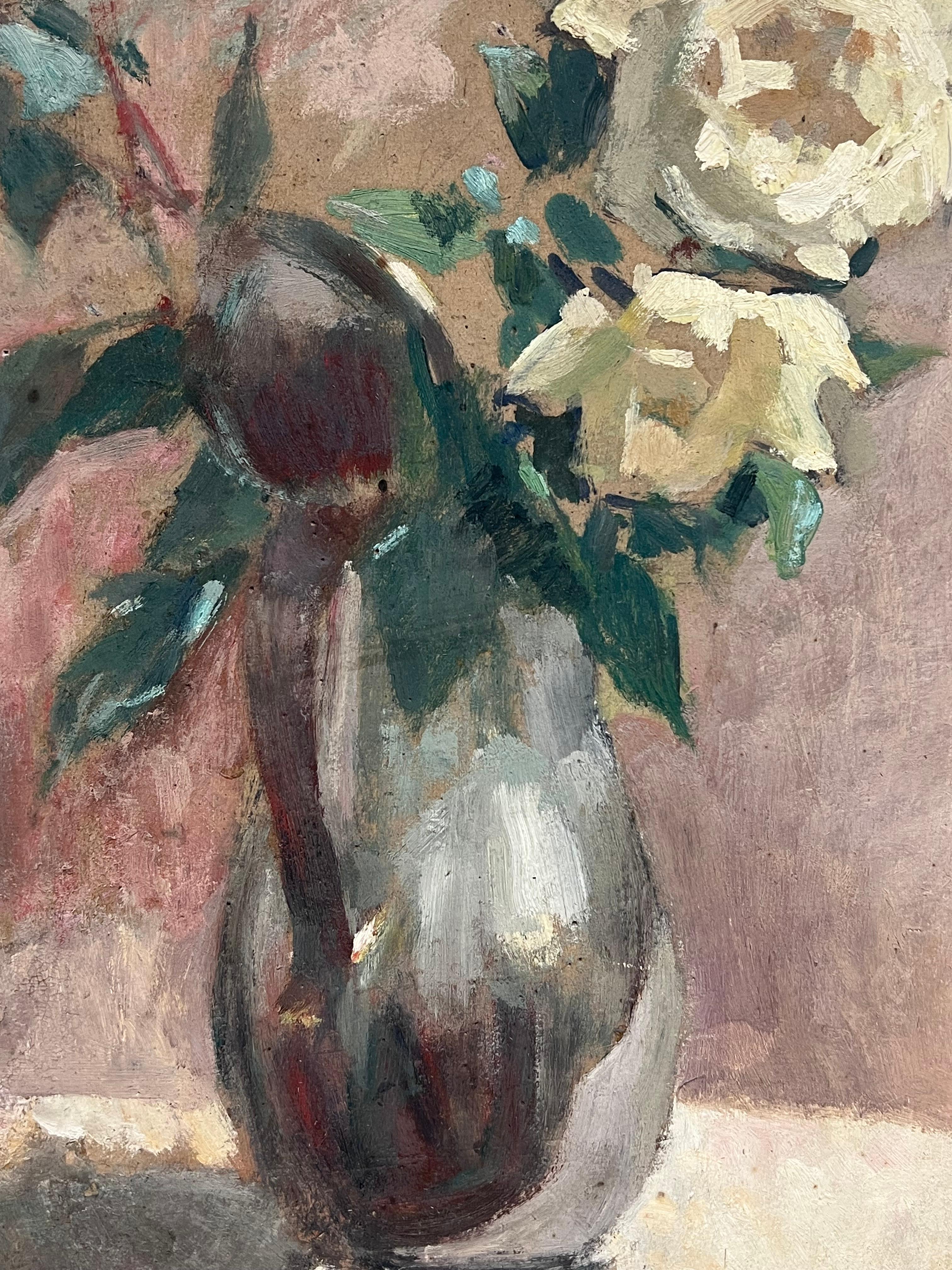1930's French Post-Impressionist Oil White Roses in Green Vase Still Life For Sale 1