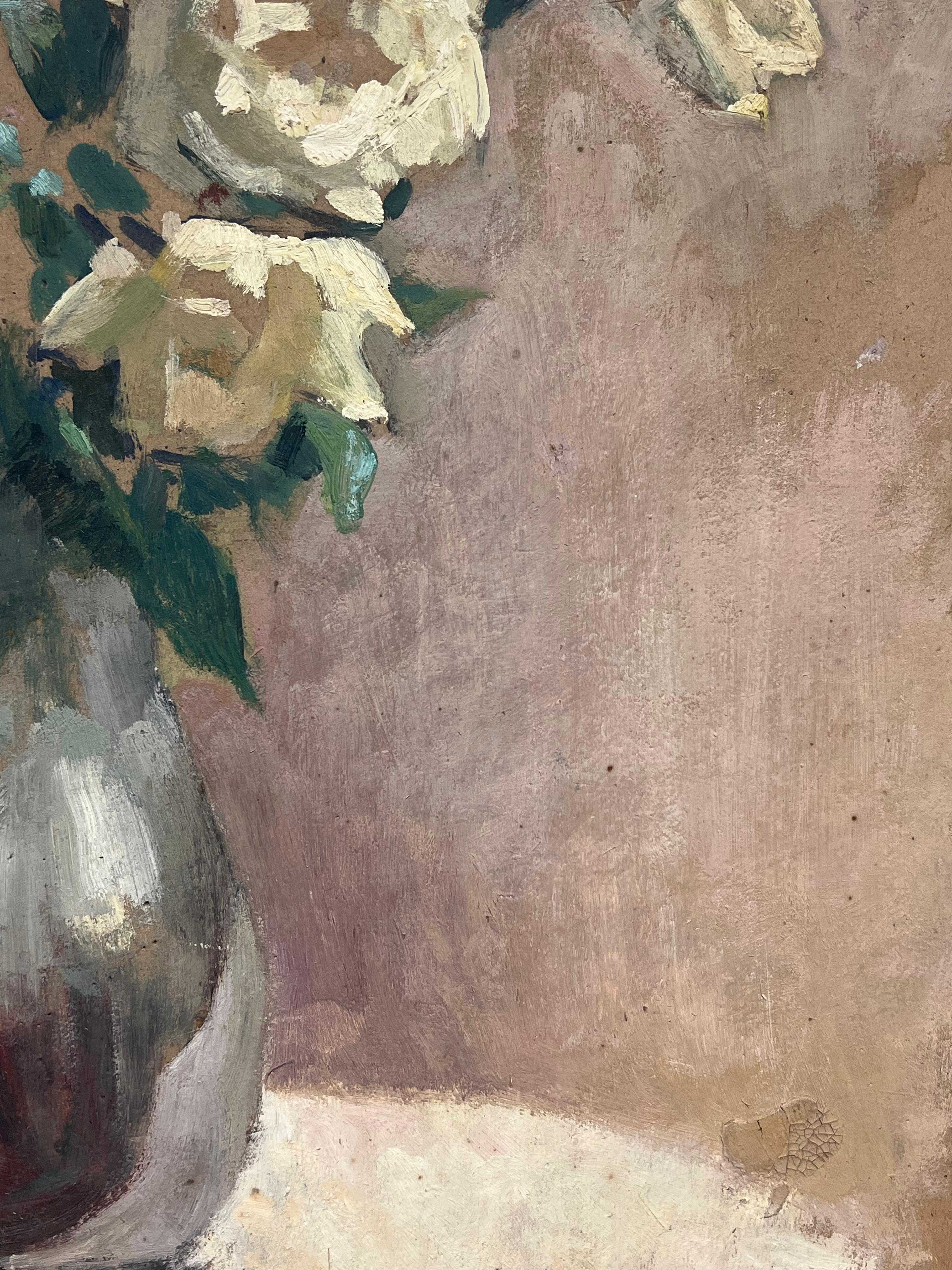 1930's French Post-Impressionist Oil White Roses in Green Vase Still Life For Sale 2