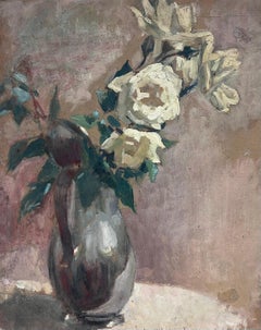 1930's French Post-Impressionist Oil White Roses in Green Vase Still Life