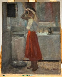 1930's French Post-Impressionist Signed Oil Badezimmer Interieur Dame Kämmen Haar