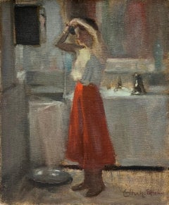 1930's French Post-Impressionist Signed Oil Bathroom Interior Lady Combing Hair