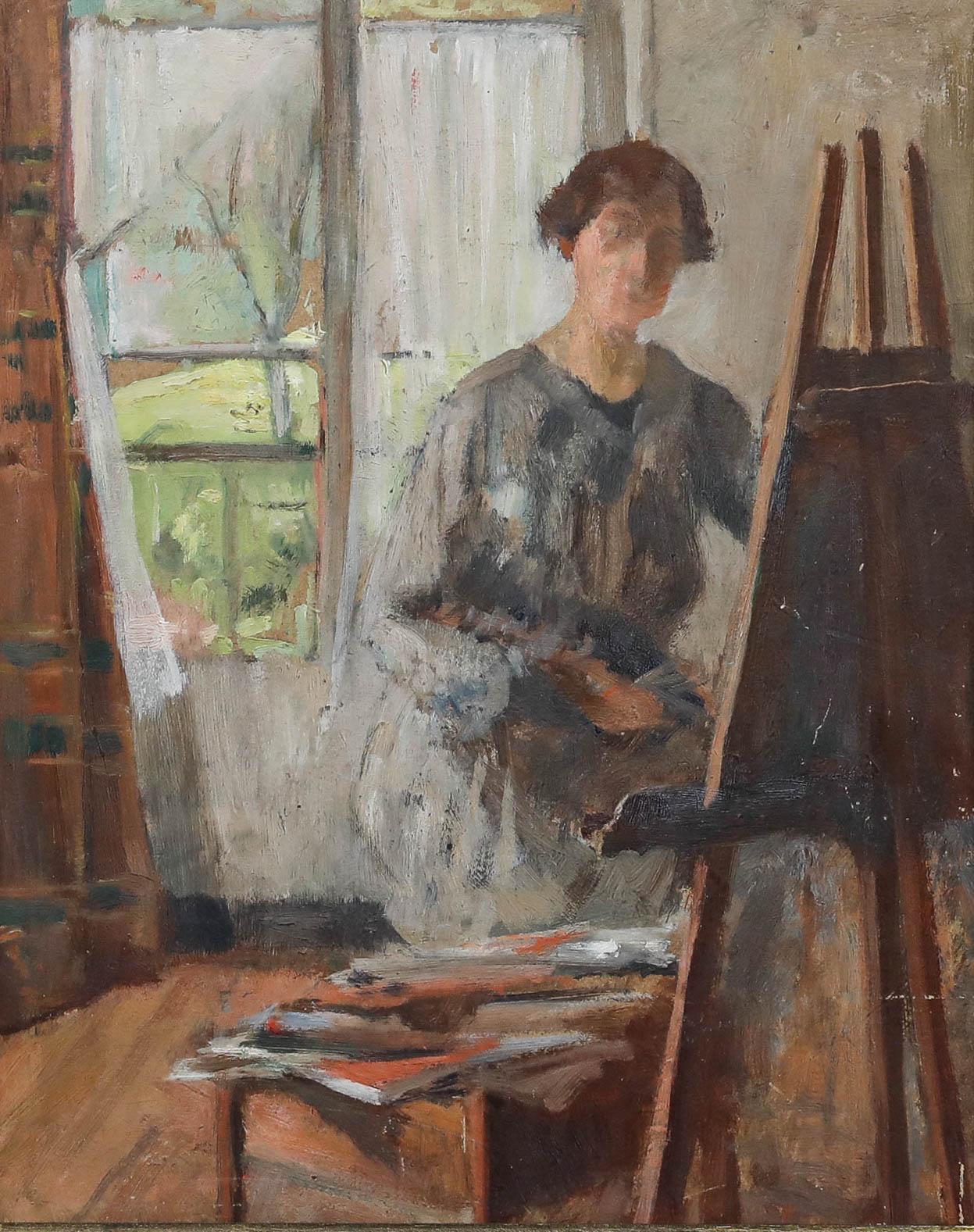 Cecile Hertz-Eyrolles (1875-1974) - Gerahmtes Ölgemälde, Selbstporträt an der Staffelei – Painting von Cécile HERTZ-EYROLLES (1875-1974)