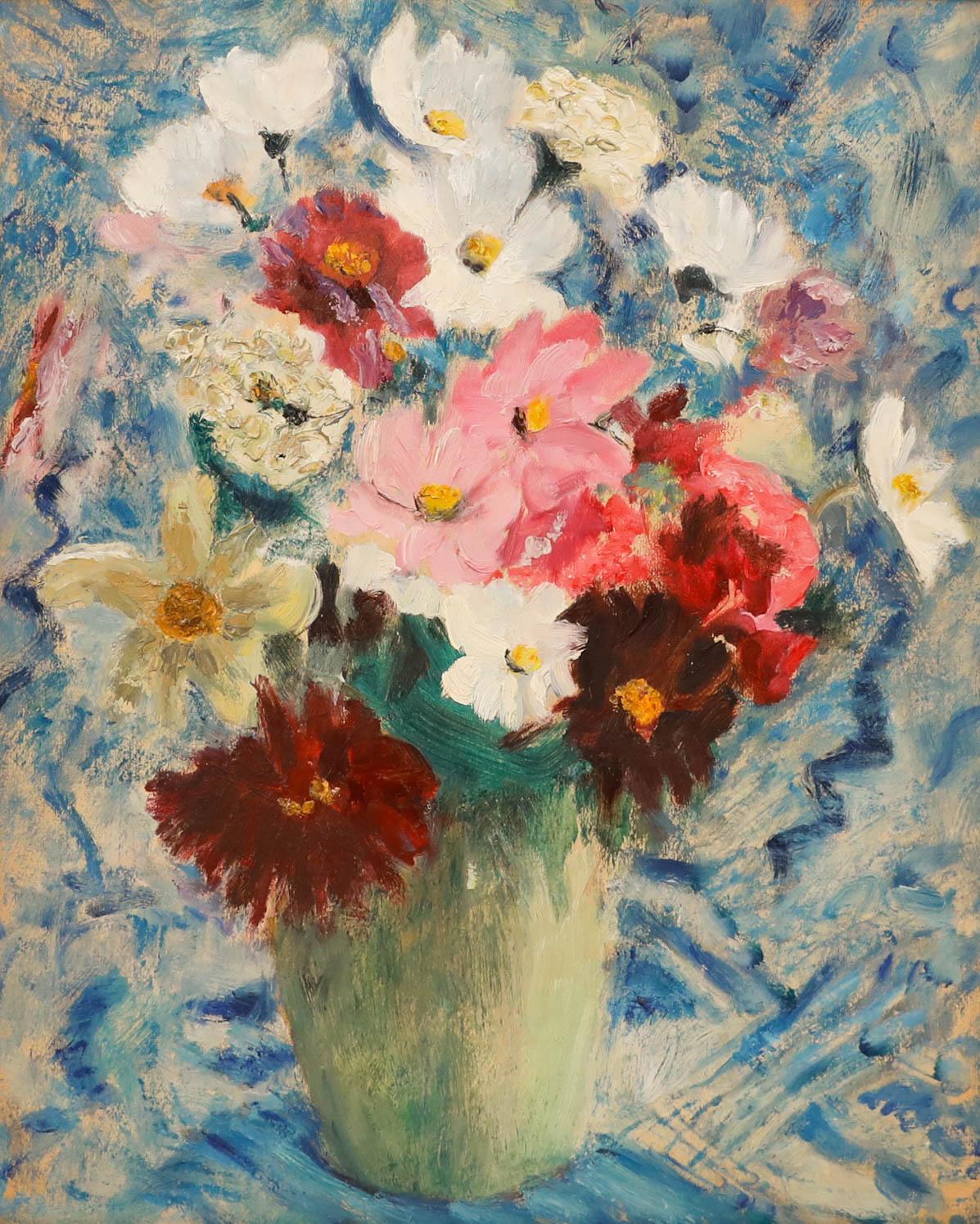 Cecile Hertz-Eyrolles (1875-1974) - Gerahmtes Ölgemälde, Stillleben des Kosmos – Painting von Cécile HERTZ-EYROLLES (1875-1974)
