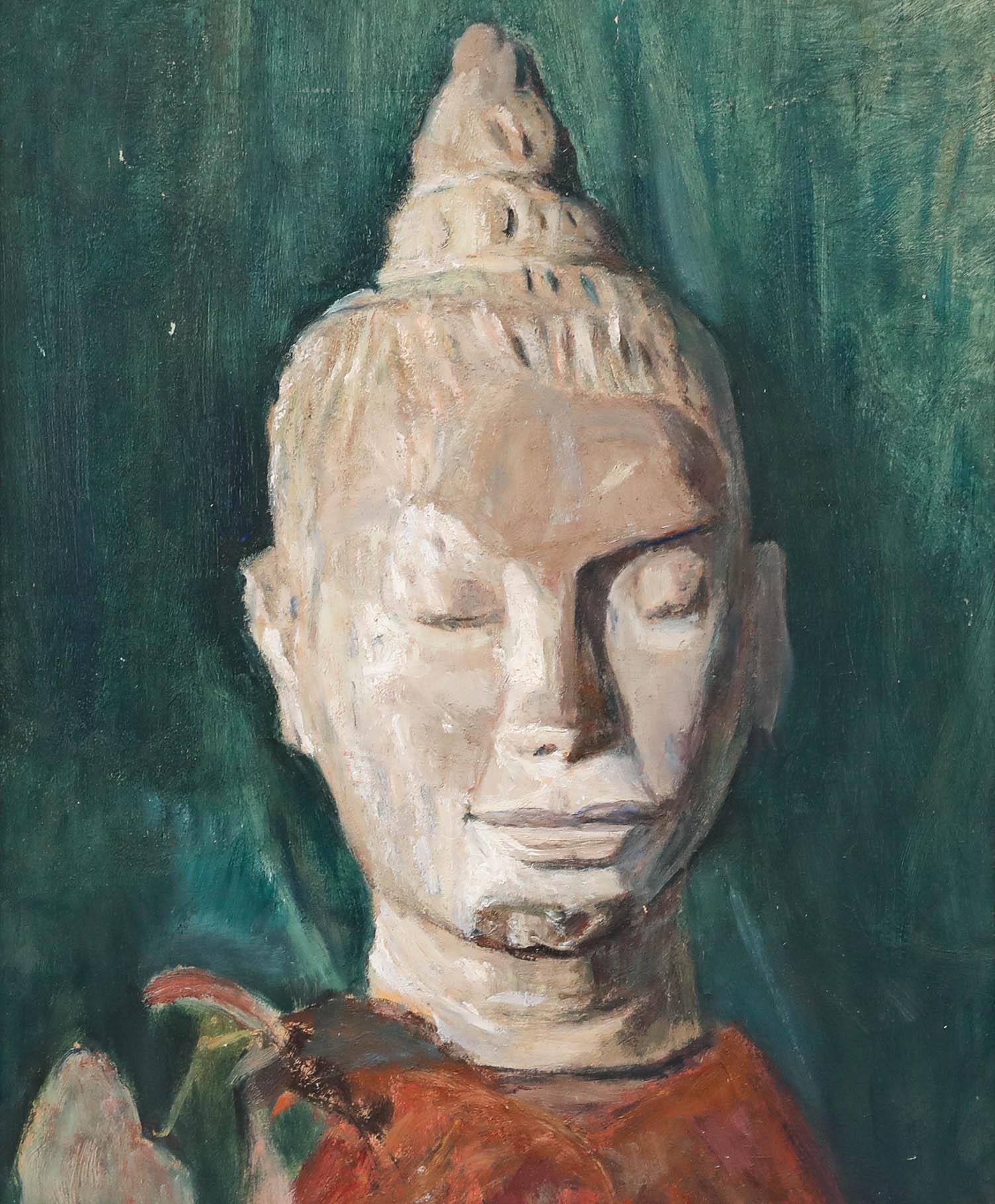 Cecile Hertz-Eyrolles (1875-1974) – gerahmtes Ölgemälde, Buddha aus Stein – Painting von Cécile HERTZ-EYROLLES (1875-1974)