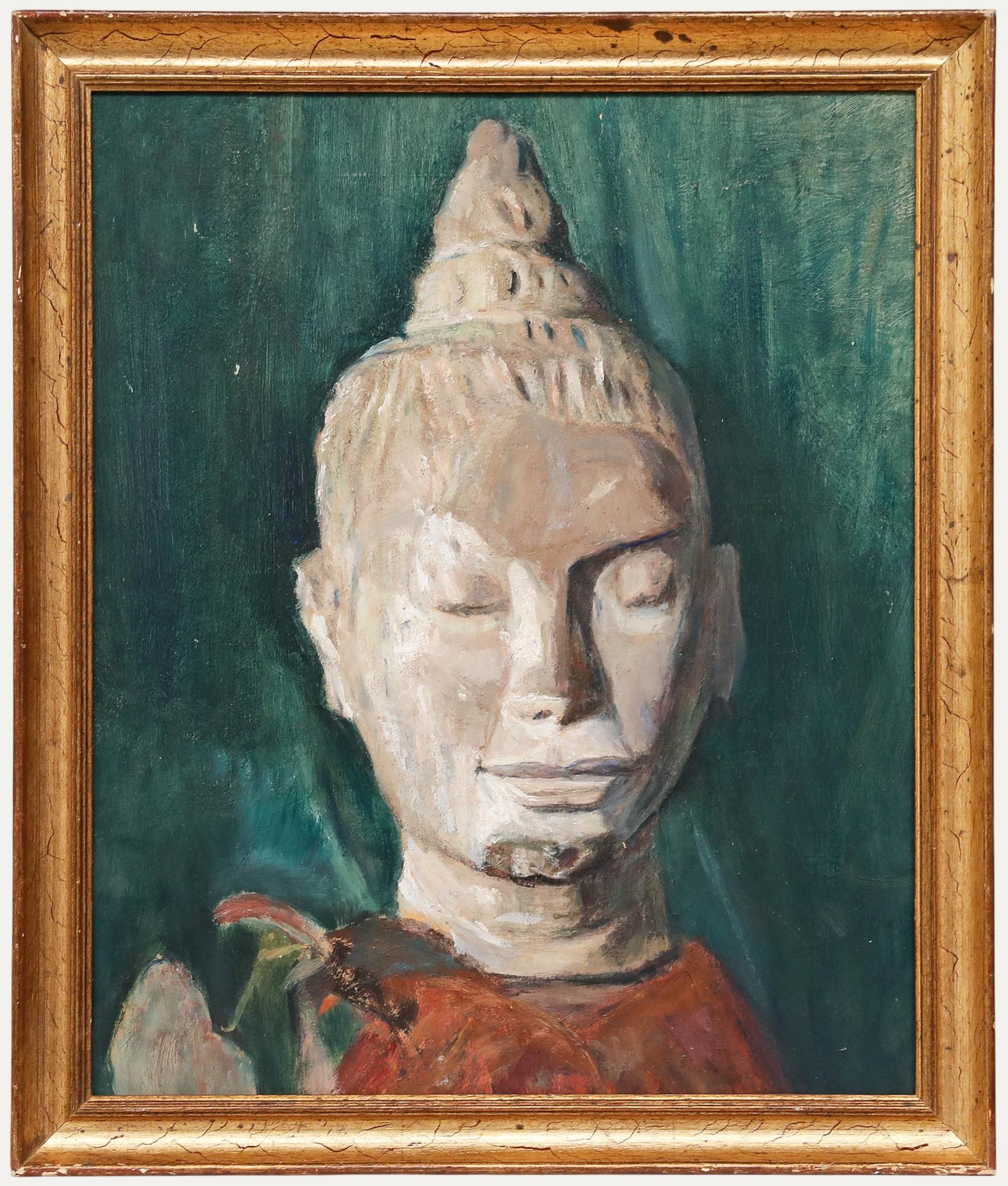 Cécile HERTZ-EYROLLES (1875-1974) Still-Life Painting – Cecile Hertz-Eyrolles (1875-1974) – gerahmtes Ölgemälde, Buddha aus Stein